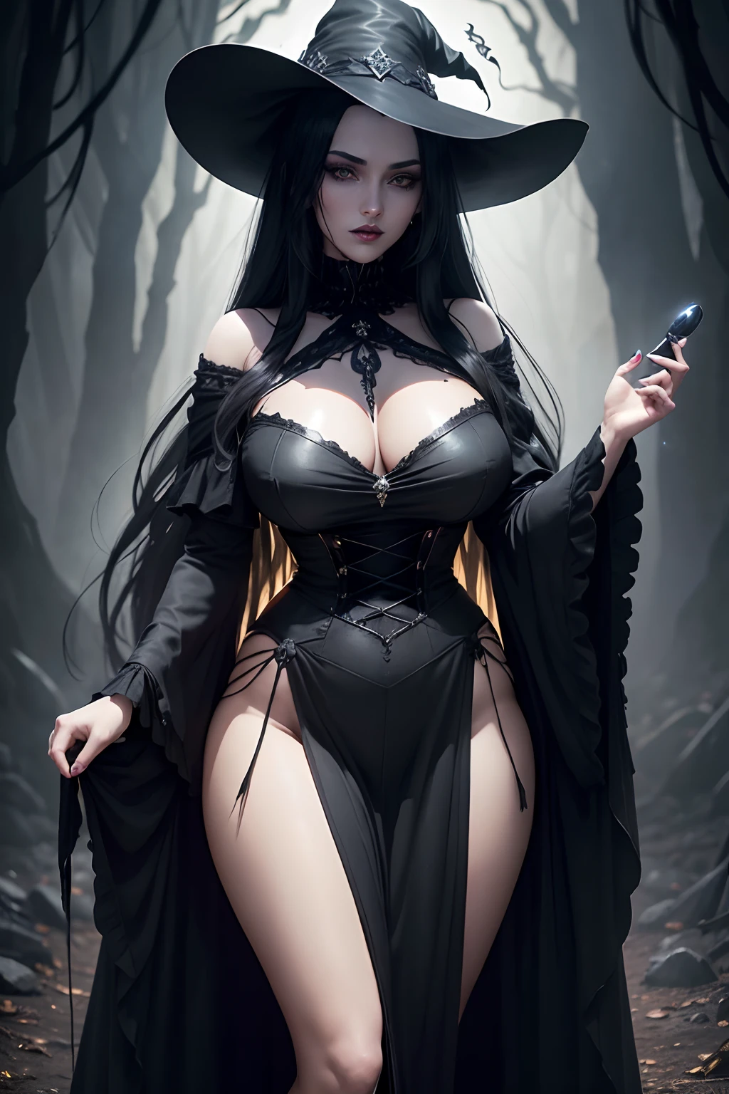 A witch with fair skin, yellow eyes, long black hair, sparkling and flowing in the Gothic style, with heavy makeup and full black lips, wearing a low-cut medieval dress, she has a large bust, a thin waist and thick hips and thighs, her nails are black. It is in a dark and mysterious environment.