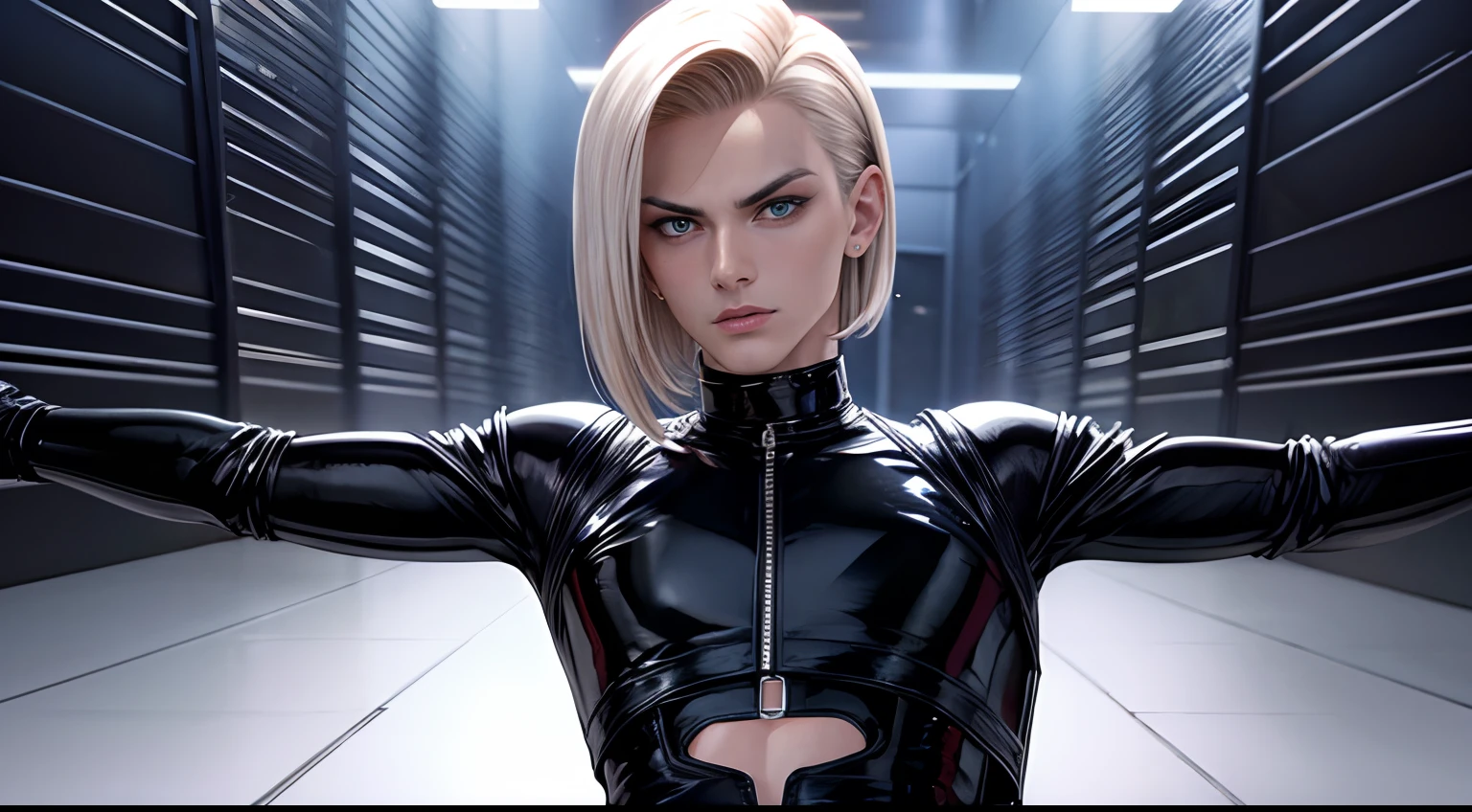 1990 screengrab of male model Android 18 wearing a form-fitting black leather Balenciaga jumpsuit with silver metallic accents, fashion movie scene, Balenciaga commercial