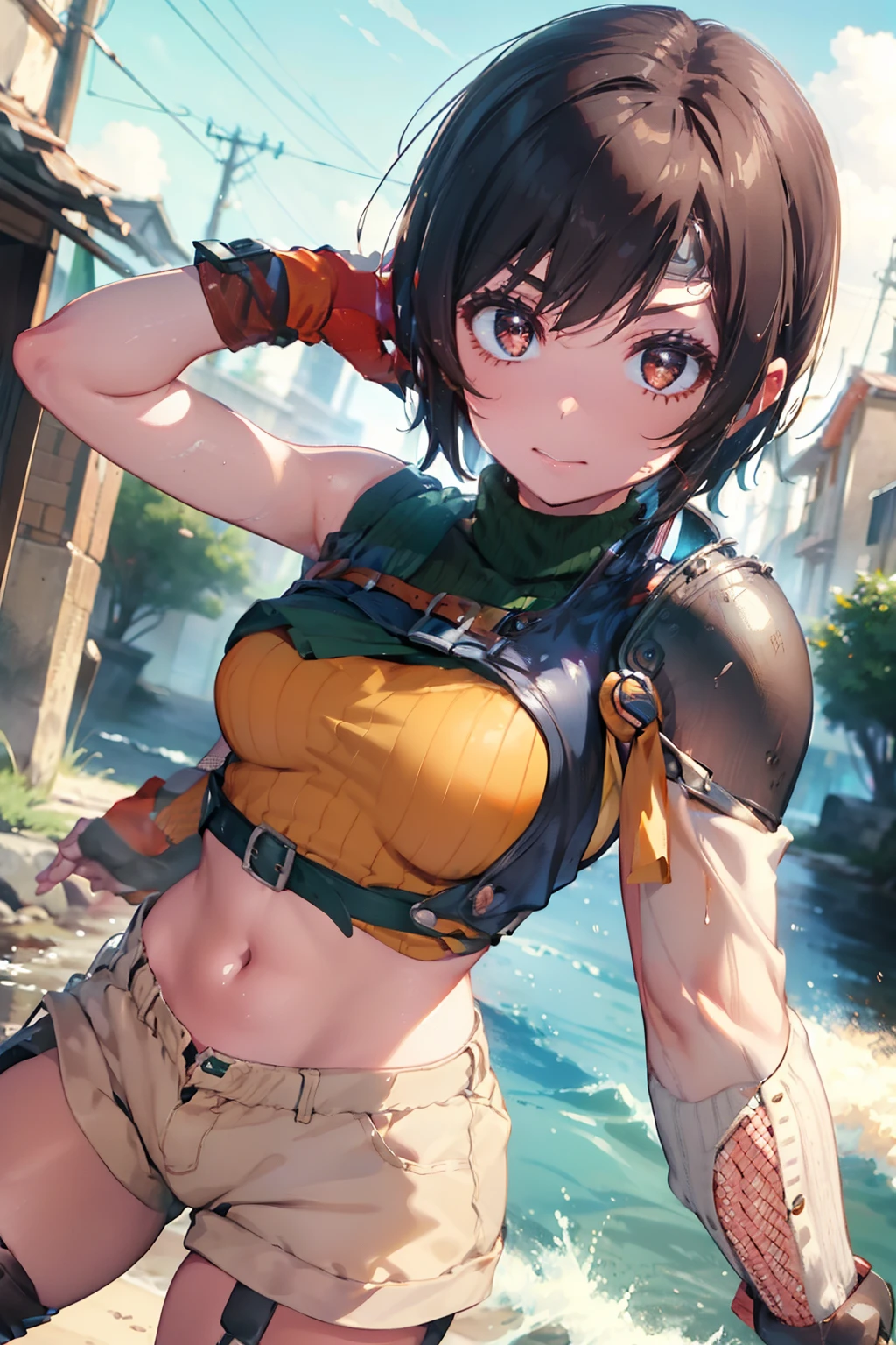 (masutepiece, 8K,Very detailed),1girl in, Short hair, head band, Navel, Sleeveless, turtle neck, Brown eyes, sleeveless turtleneck, breasts, gloves, croptop, Brown hair , Shorts, Midriff, armor, Sweaters, open fly, Fingerless gloves, Ribbed sweater, medium breasts, Yuffie_Kisaragi_01 Girls,Mare,sodden,Dynamic Angle