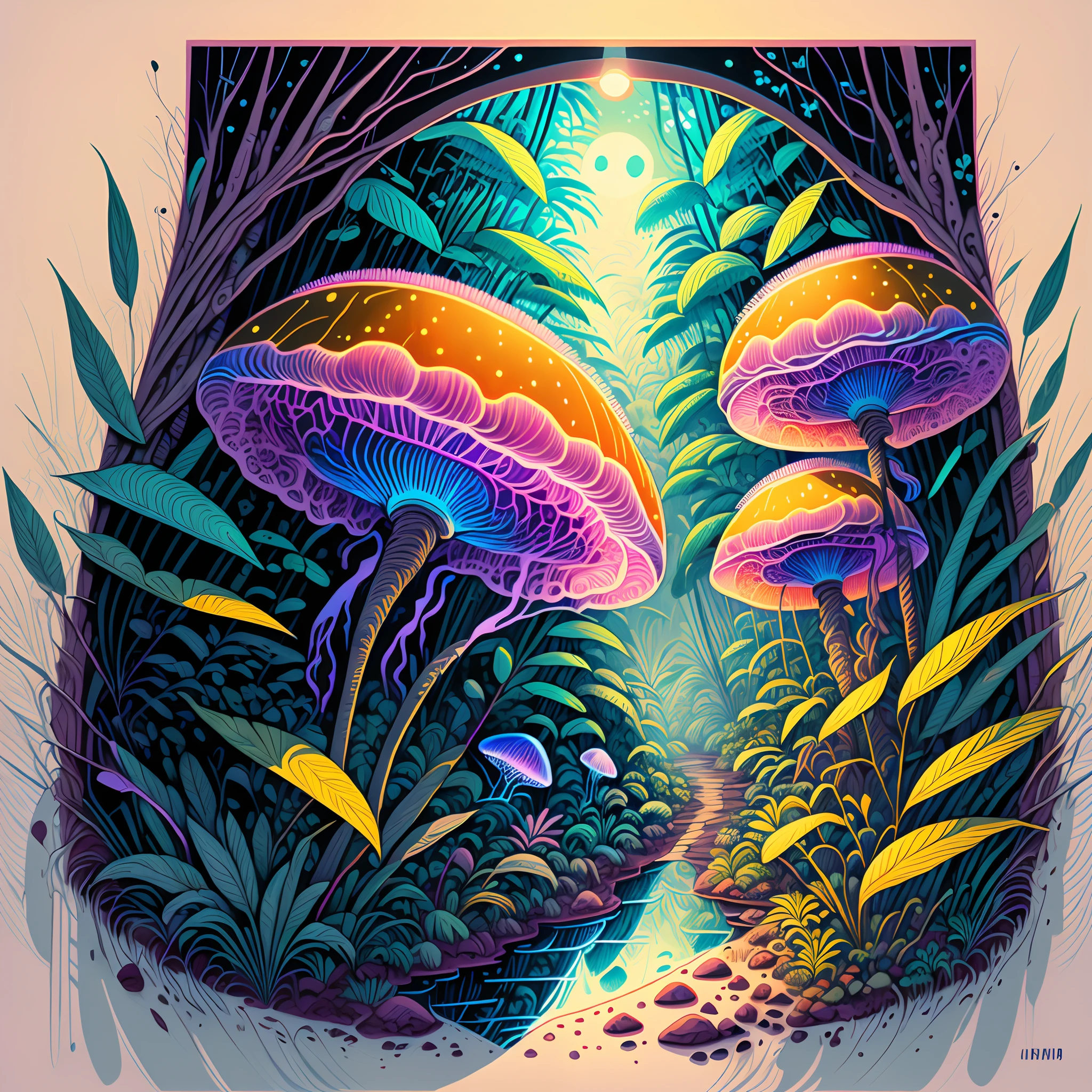 (Best quality), (masterpiece:1.3), (Animated Style Illustration:1.36), ultra-detailed, nature, Humidity in the rainforest, Untamed jungle, Dense jungle, where colorful jellyfish, float through the air. Fantastic jungle reflected by small jellyfish that emit light at night. Epiphytic plants, Detailed drawing. vivid colors. High image quality. Unmanned, Tropical rainforest forest, One beautiful bird in extreme colors. PsyAI