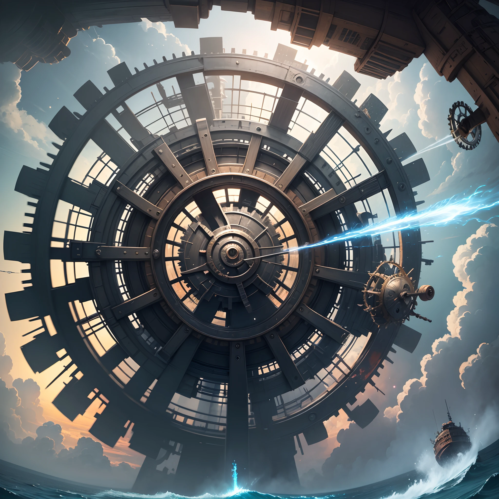 A very dynamic scene. A million years ago. Fantasy world. A giant vintage rusty gear flies through time and space. Wheel of fate and life. Spatial Tunnel. Crashes into the Ocean. Very Close-up. View from below. Flight through clouds, sparks, blue flames. super realistic. cinematic. Blurred background in motion. light haze --auto --s2