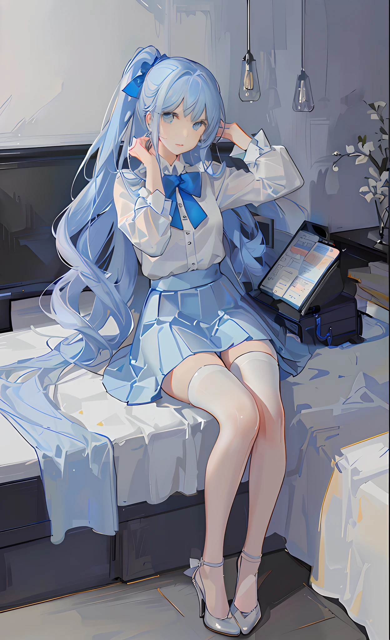 shooting star　by the window　A woman relaxes with a headset on　blue hair　