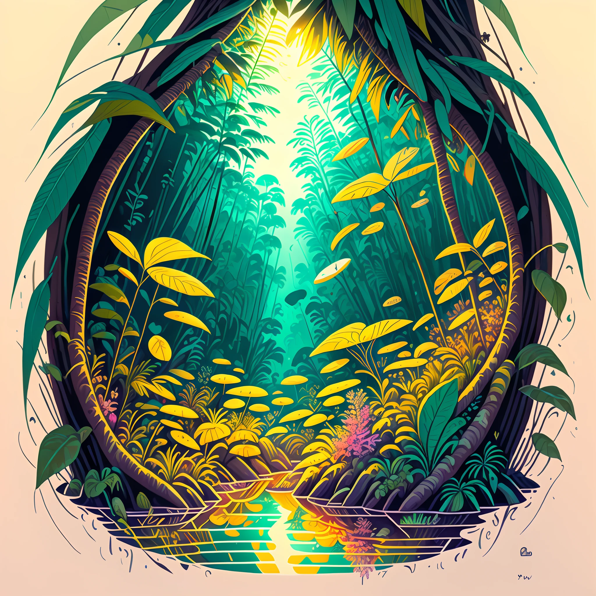 (Best quality), (masterpiece:1.3), (Animated Style Illustration:1.36), ultra-detailed, nature, Humidity in the rainforest, Untamed jungle, Dense jungle, where colorful jellyfish, float through the air. Fantastic jungle reflected by small jellyfish that emit light at night. Epiphytic plants, Detailed drawing. vivid colors. High image quality. Unmanned, Tropical rainforest forest, One beautiful bird in extreme colours.