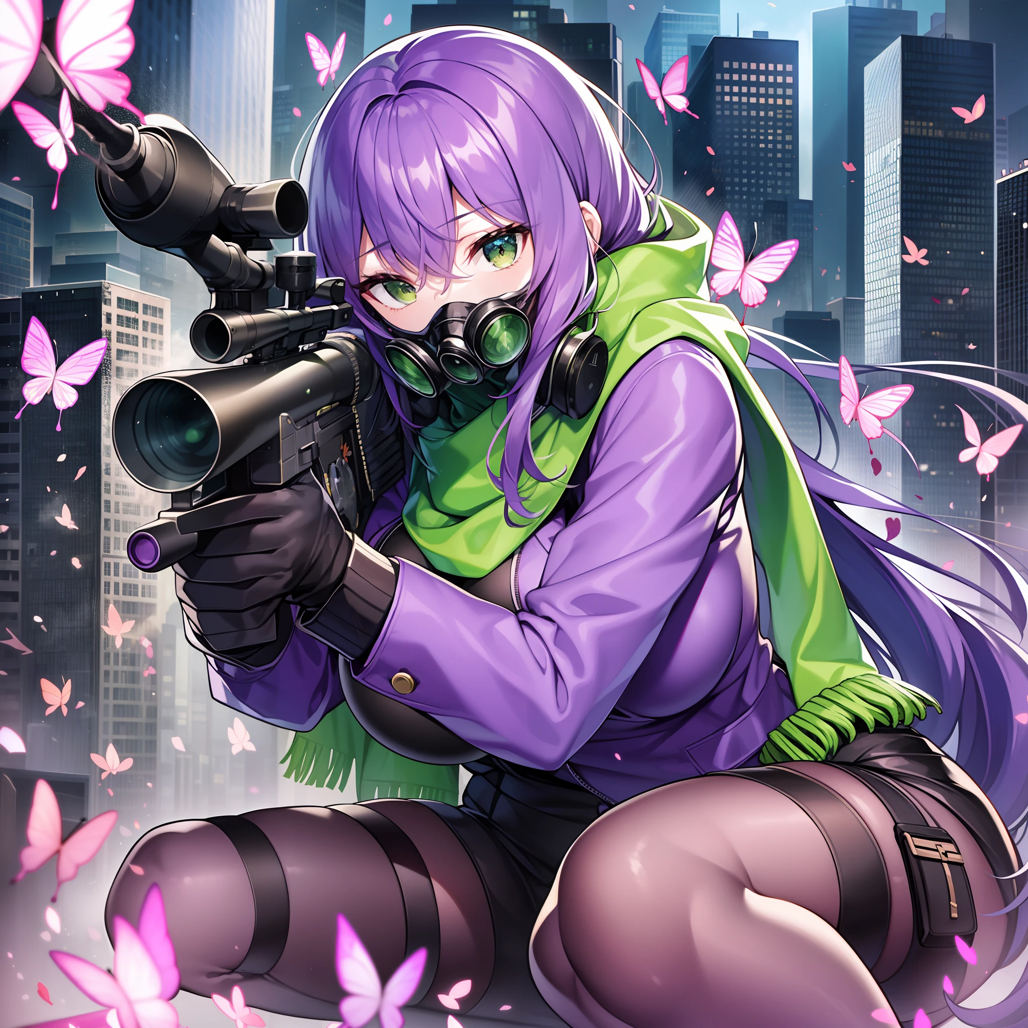 Outrageous resolution、​masterpiece++、top-quality++、ultra-definition++、ultra-definition++、4k++、8k++、from side、（Background Focus）++、Dressed woman crouches in a purple jacket and green scarf with a sniper rifle and black gas mask on green-purple poisonous smoke that destroys the city and praises the huge breasts mature sniper slaying butterflies、Rune of a mature woman with huge breasts slaying butterflies by crouching in a purple jacket with a sniper rifle and a green scarf and wearing a black gas mask in a purple sniper with green purple poison smoke、Magic of a mature sniper with huge breasts slaying butterflies by crouching in a purple jacket with a sniper rifle and a green scarf and wearing a black gas mask on the green-purple poisonous smoke、A colossal breasts mature woman sniper squats down wearing a purple jacket and a green scarf with a sniper rifle and a black gas mask on the green-purple poisonous smoke flying above、Married woman crouching in a purple jacket with a sniper rifle and a green scarf and wearing a black gas mask in green-purple poisonous smoke and a mature sniper with huge breasts exterminates butterflies、The president squats down wearing a purple jacket and a green scarf with a sniper rifle and a black gas mask on the green-purple poisonous smoke and the colossal breasts mature sniper exterminates butterflies、Detailed contemporary art、Contemporary Art Style、Blake Beautiful modern green-purple poisonous smoke purple sniper wearing a purple jacket and green scarf with a sniper rifle and black gas mask and crouching and huge breasts mature sniper slaying butterflies witch、College student crouching in a purple jacket with a sniper rifle and a green scarf and wearing a black gas mask in green-purple poisonous smoke and a mature woman sniper with huge breasts exterminates butterflies、Contemporary Art Behans、A high school student crouches down wearing a black gas mask wearing a purple jacket and green scarf with a sniper rifle in green-purple poisonous s