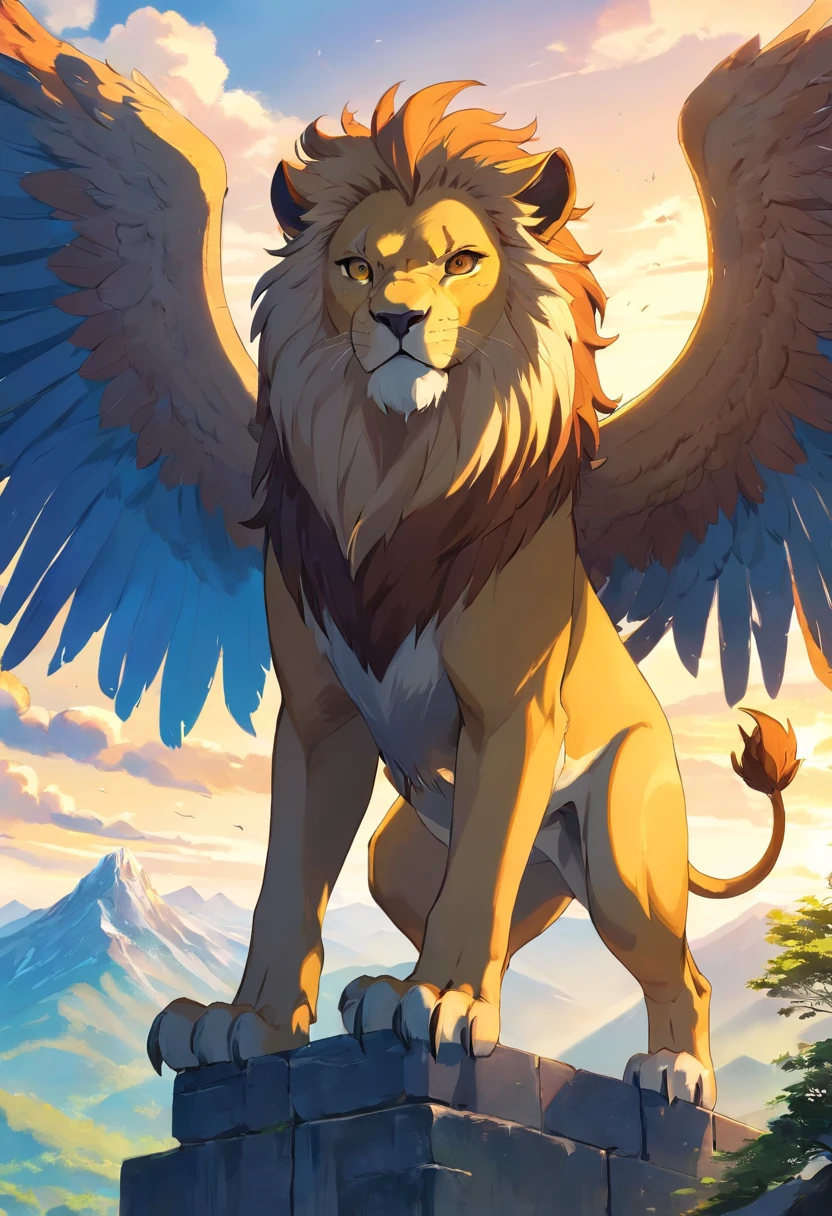 lion griffin, mythical creature, majestic, powerful wings, lion body, eagle head, fierce gaze, sharp claws, feathers, golden beak, large size, flying, mountains, cloudy sky, ancient ruins, fantasy realm, mythical landscape, epic, magical, mythical creature, mythical beast, fierce, mythical monster