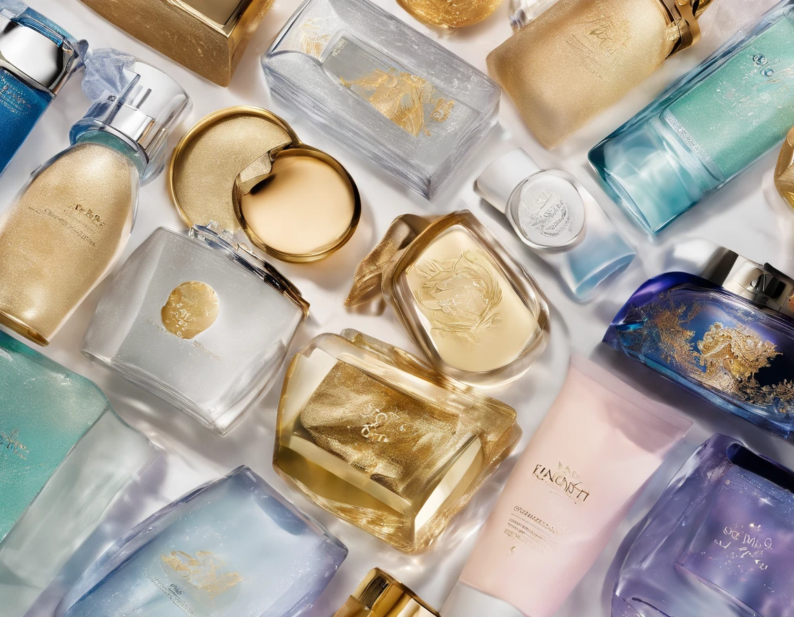 Enticing banners showcase a luxurious product range "The beauty of North Korea" cosmetics. Close-up showing water droplets on skincare bottle, The texture of the cream, and the shimmer of the serum. mediating: macro photography. Style: high end, Gloss magazine aesthetic with traditional Korean undertones. lighting: Striking side lighting accentuates product details. colours: Neutral tones,With gold and silver accents from the product label. composition: Nikon D850 DSLR, NIKKOR 105mm f/2.8G midrange lens, Resolution 45.7 megapixels, ISO speed: 64, Shutter speed 1/200th of a second. Highlight the call to action "Go to Collections" In stylish fonts. --AR 16:9 --V 5.1 --Style original --S 750