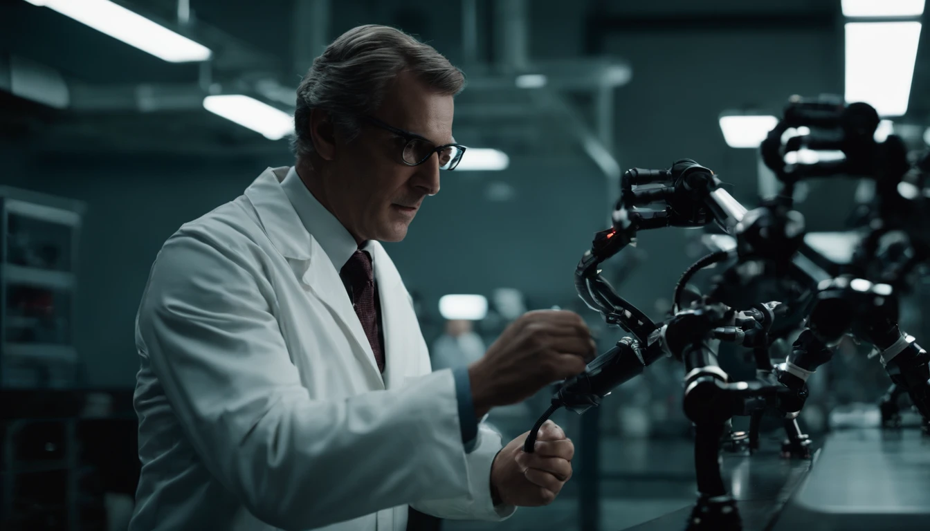 Dr. Octavius is wearing a white lab coat and is conducting tests on his new suit in the laboratory, The suit includes four black mechanical arms, and Dr. Octavius is inspecting them before testing, The atmosphere in the lab is well-lit, with computers running diagnostic software