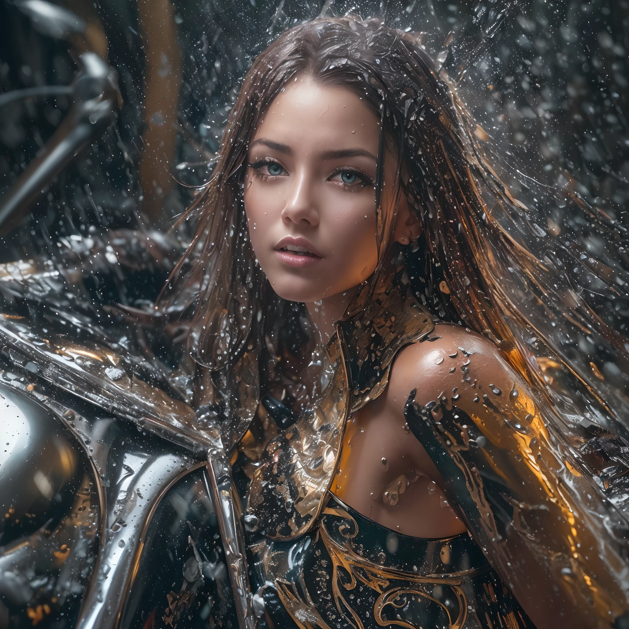 (((Splash effect, image melted and blended with ,raining Water, paint dripping, and melted with a speed motorcycle))) portrait of gorgeous centerfold photo model, perfect face, perfect body, intricate, elegant, Lens flare,(a detailed full body RAW photo of a gorgeous amazing girl), (masterpiece:1.0), (best quality:1.4), (ultra highres:1.2), (photorealistic:1.4), 8k resolution, Canon EOS R5, 50m full format close up of the full body mika Macro photography, hyper detailed, trending on artstation, sharp focus, studio photo, intricate details, highly detailed, by greg rutkowski Boris Vallejo and Luis Rollo St