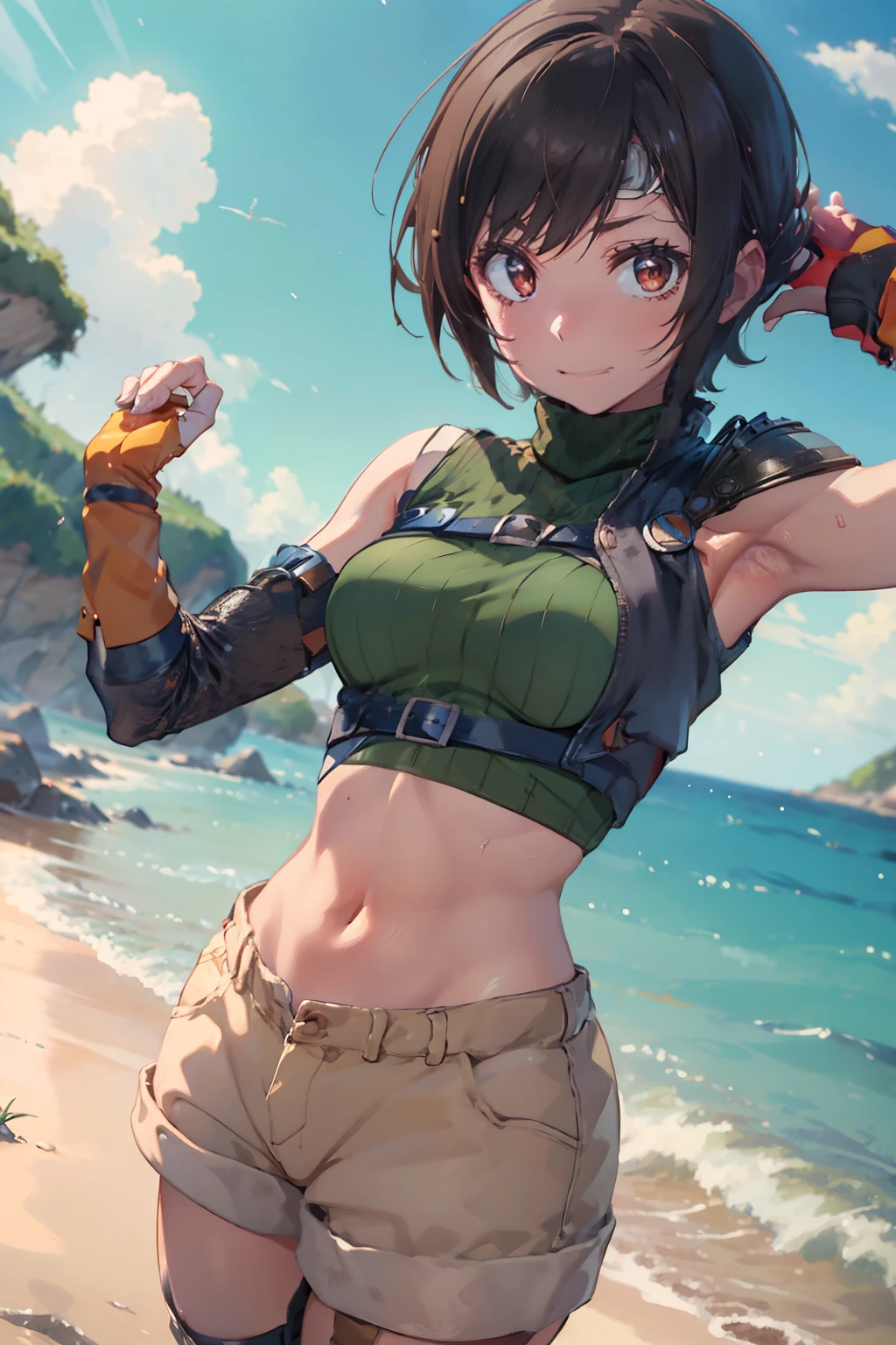 (masutepiece, 8K,Very detailed),1girl in, Short hair, head band, Navel, Sleeveless, turtle neck, Brown eyes, sleeveless turtleneck, breasts, gloves, croptop, Brown hair , Shorts, Midriff, armor, Sweaters, open fly, Fingerless gloves, Ribbed sweater, medium breasts, Yuffie_Kisaragi_01 Girls,Mare,sodden,Dynamic Angle