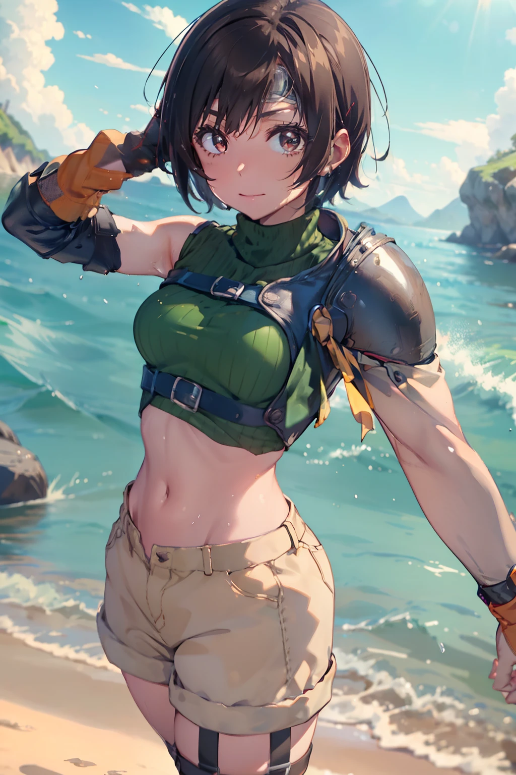 (masutepiece, 8K,Very detailed),1girl in, Short hair, head band, Navel, Sleeveless, turtle neck, Brown eyes, sleeveless turtleneck, breasts, gloves, croptop, Brown hair , Shorts, Midriff, armor, Sweaters, open fly, Fingerless gloves, Ribbed sweater, medium breasts, Yuffie_Kisaragi_01 Girls,Mare,sodden,Dynamic Angle