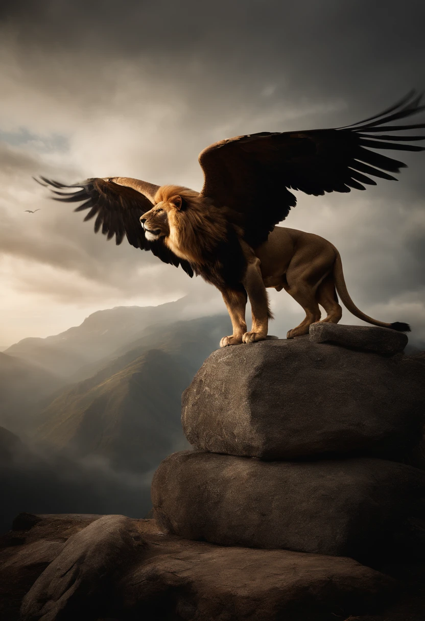 A majestic griffin with the body of a lion and the head and wings of an eagle, standing proudly atop a rocky cliff, overlooking a vast landscape.