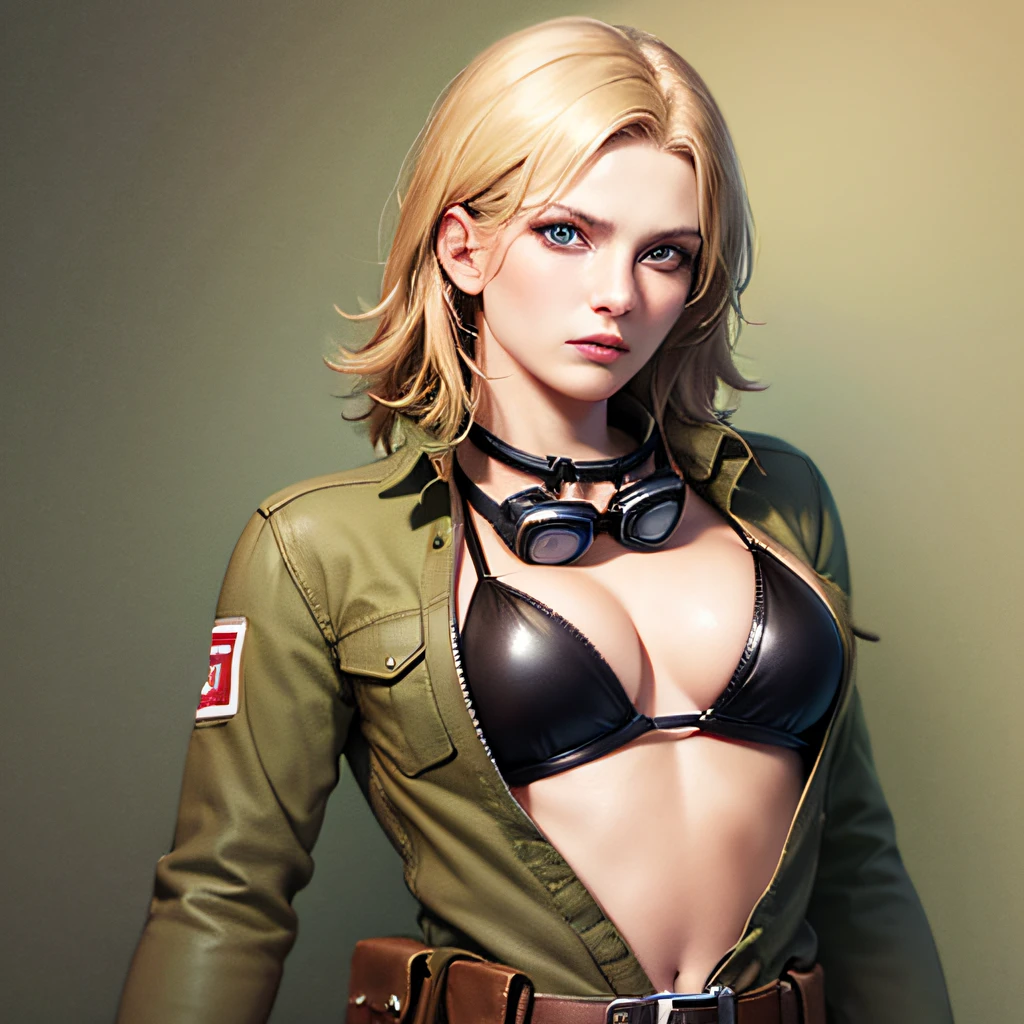 (Masterpiece), (Best Quality), (Ultra high Detailed), mgs3eva, blue eyes, tan jumpsuit, goggles around neck, black bra, belt, black gloves, boots
