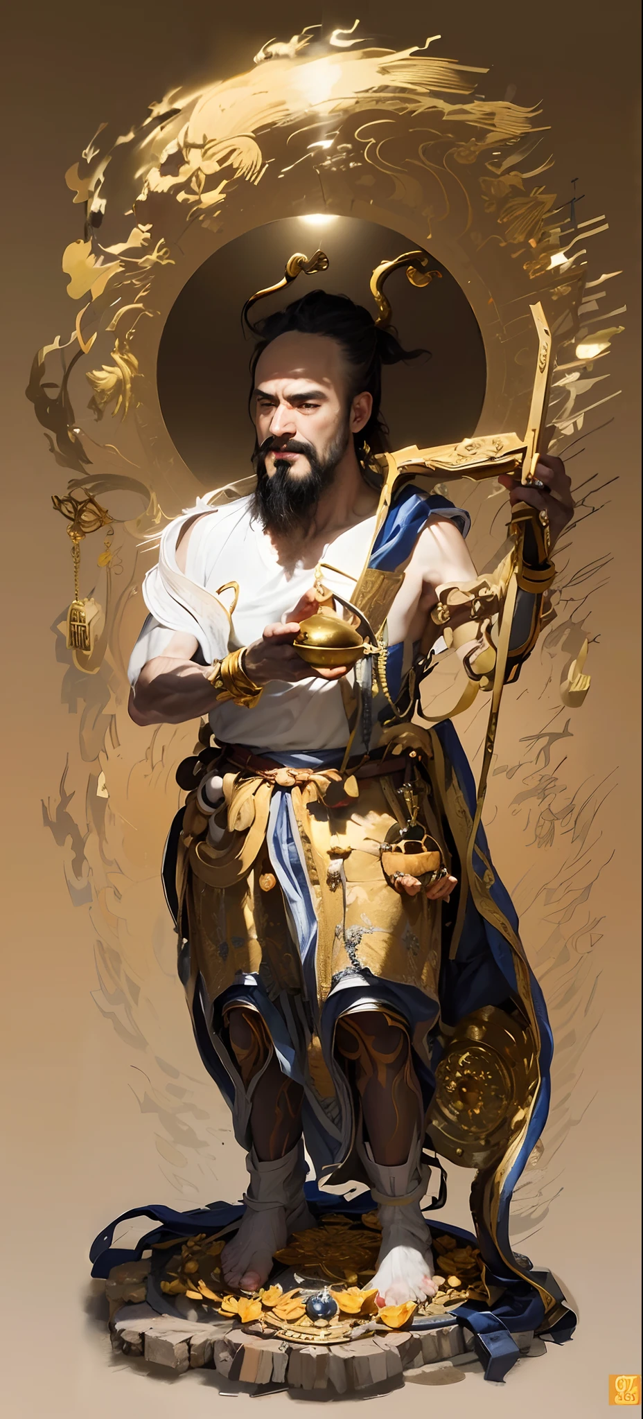Indian dervishe，(((com um rosto quadrado)))，emaciated，sbeard，com um rosto quadrado，Wide face，One meter nine，small heads，long leges，Tall guy，com um rosto quadrado，(((Strong facial muscles)))，(((Chen Daoming)))，（((little beard))）,(((Hold the mirror with one hand:1.1)))，(Vajra pestle)，(Lotus leaf)，Basketball player body proportions，chineseidol，looking toward the viewer，Black pupils，The body is well-proportioned，Long legs，Straight back，Fitness trainer，Movie stars are glamorous,(((Heads-up)))，Handsome，Westerners，muscular face，Muscular body，Perfect proportions，The muscles have expressions in both eyes，King Yan Luo stared ahead，(((Golden lotus throne)))，The man wears a white shirt，(((Ancient Roman clothing)))，silkouette，White yarn，There are muscles，(((Ancient Roman white clothes)))，Shirtless，，(((Head background with round light)))，(((Behind it is the sun)))，(((The man emits a bright and dazzling light)))，King Yan took away the metal weapon，Take the Skeleton Staff as an example，Barefoot on both feet，Step on the nasturtium，photorealestic，professional photoshooting，Realiy，超高分辨率，tmasterpiece，