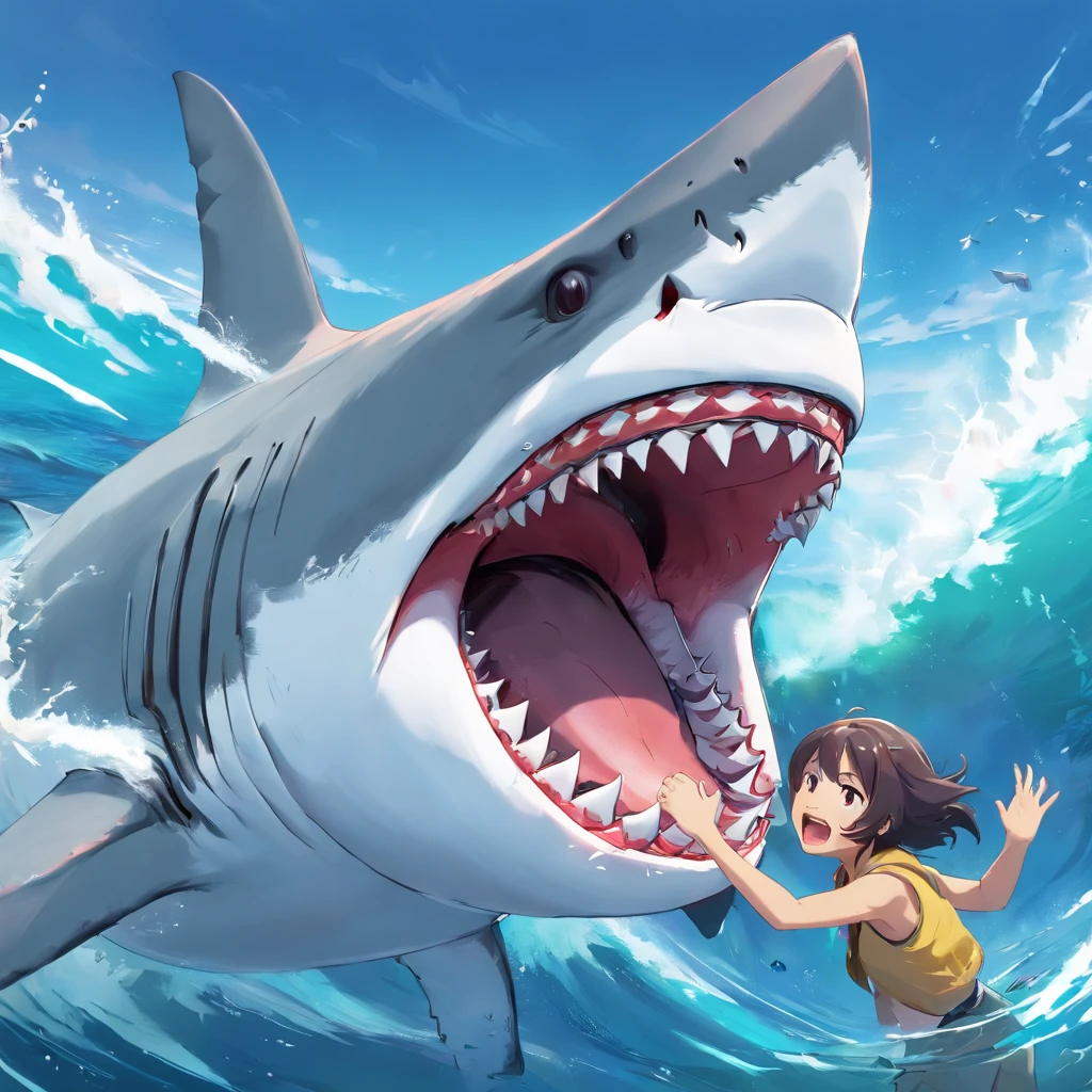 Great white sharks that have washed out of the water,Big open mouth,choppy,Cartoony