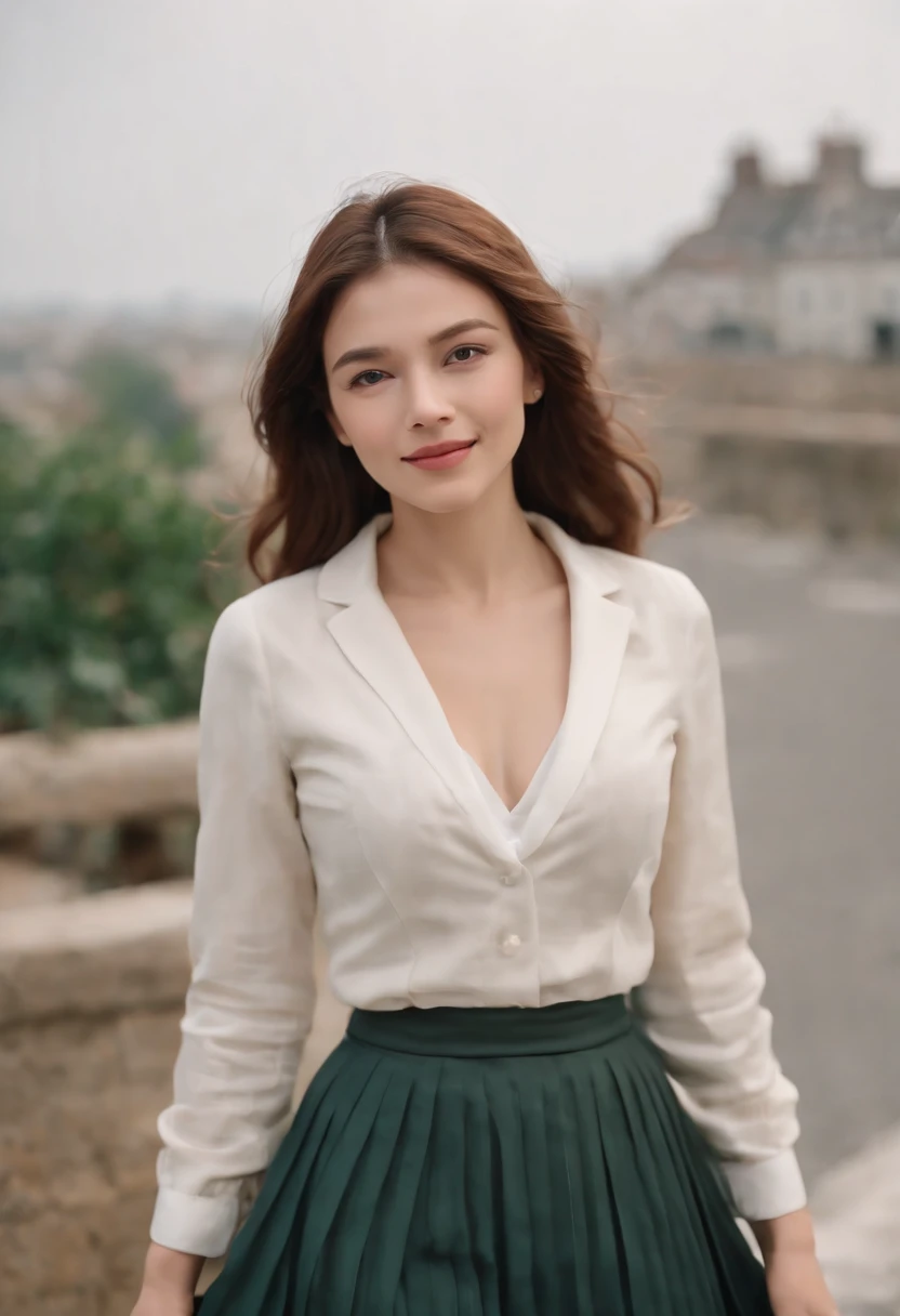 very (seductive:1,8) smiling good woman wearing short blazer and very very detailed (long (fully pleated) full circle skirt) and (simple) low heeled office shoes, very very intricate hyper-detailed symmetric (attractive graceful young feminine face) with (sad, tired eyes and a shy smile), large breasts, full of empathy and compassion and love, (pronounced (feminine) features), (highly detailed ultra accurate realistic) hands and fingers, (windy conditions and wind blowing), epic composition, highly detailed attributes, highly detailed atmosphere, (35mm f1.4 Kodak portra 400 photograph), extremely high quality RAW photograph,