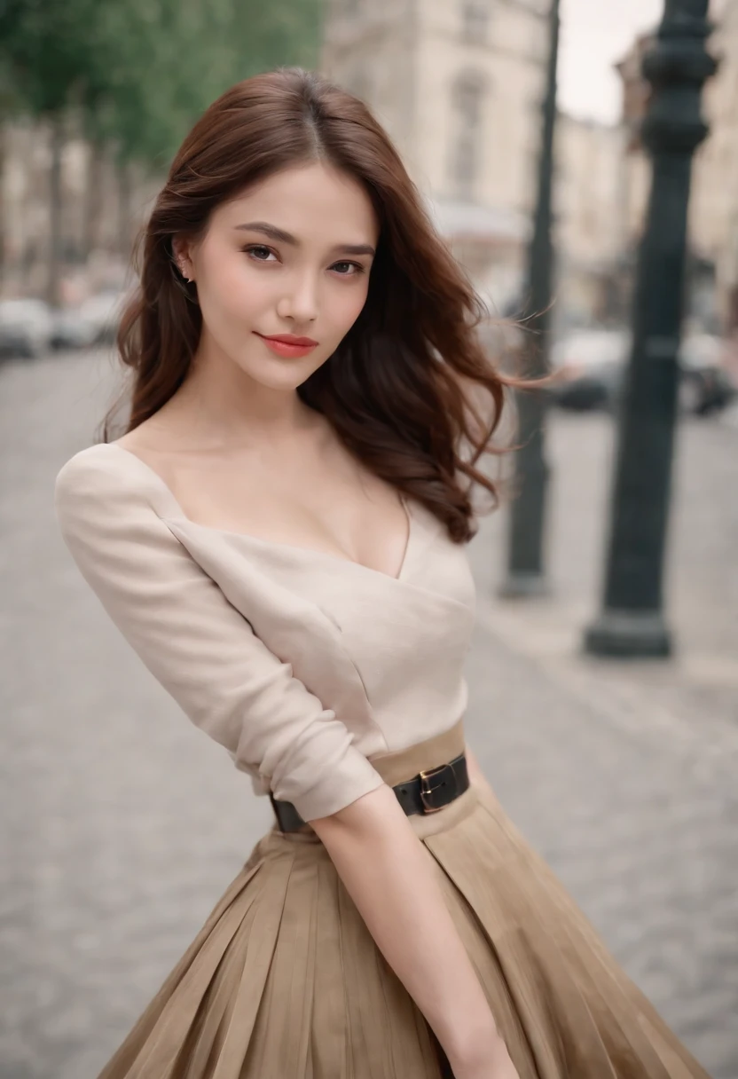 very (seductive:1,8) smiling good woman wearing short blazer and very very detailed (long (fully pleated) full circle skirt) and (simple) low heeled office shoes, very very intricate hyper-detailed symmetric (attractive graceful young feminine face) with (sad, tired eyes and a shy smile), large breasts, full of empathy and compassion and love, (pronounced (feminine) features), (highly detailed ultra accurate realistic) hands and fingers, (windy conditions and wind blowing), epic composition, highly detailed attributes, highly detailed atmosphere, (35mm f1.4 Kodak portra 400 photograph), extremely high quality RAW photograph,