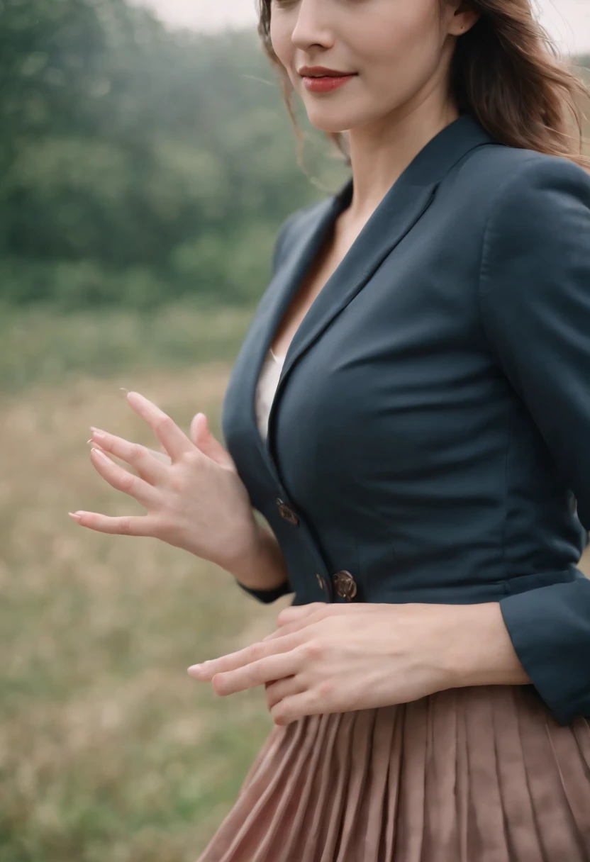 very (seductive:1,8) smiling good woman wearing short blazer and very very detailed (long (fully pleated) full circle skirt) and (simple) low heeled office shoes, very very intricate hyper-detailed symmetric (attractive graceful young feminine face) with (sad, tired eyes and a shy smile), large breasts, full of empathy and compassion and love, (pronounced (feminine) features), (highly detailed ultra accurate realistic) hands and fingers, (windy conditions and wind blowing), epic composition, highly detailed attributes, highly detailed atmosphere, (35mm f1.4 Kodak portra 400 photograph), extremely high quality RAW photograph,