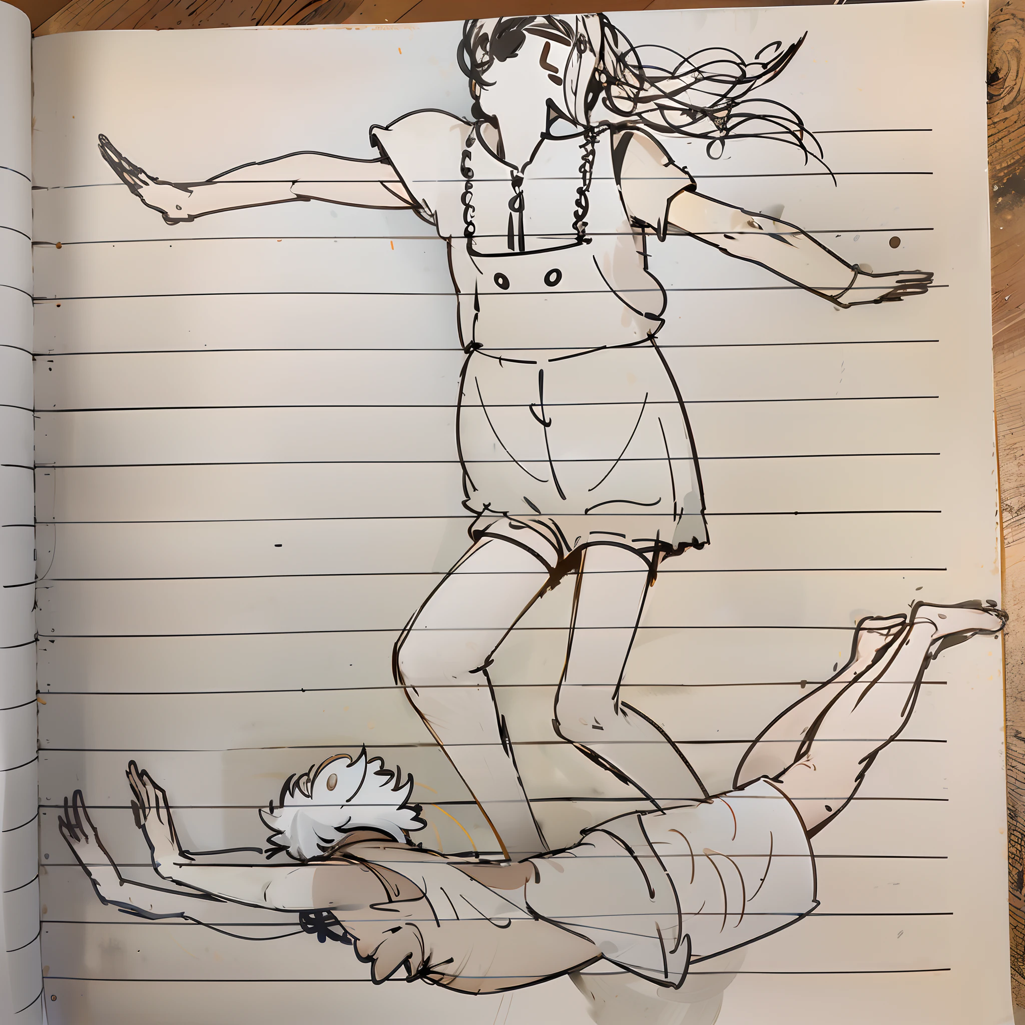 Draw a woman falling off her knees,A man lies on the ground, Floating in mid-air, she is floating in the air, inspired by Paula Rego, Delicate corpse, found doodled in a sketchbook, on a notebook page, dramatic floating pose, inspired by Dorothea Tanning, surrealism painting, art in the style of paula rego, Sketchbook drawing, ink and watercolor painting
