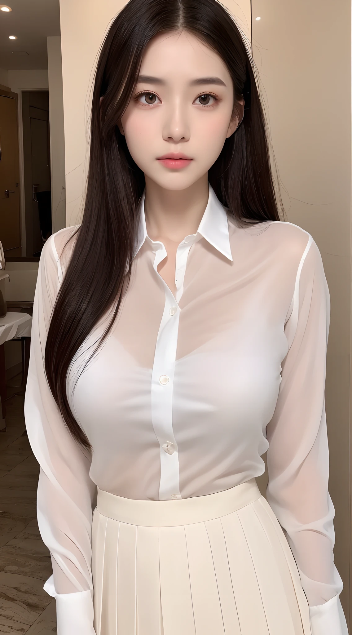 Gorgeus Girl, Beautiful, , 20 Years Old, White Skin, pale skin, large breast, Sexy Pose, naked shirt, Bokeh, bedroom hotel Background, Masterpiece, Fullbody Shot, business suits, long red shirt, oversized shirt, big shirt, realistic, super realistic