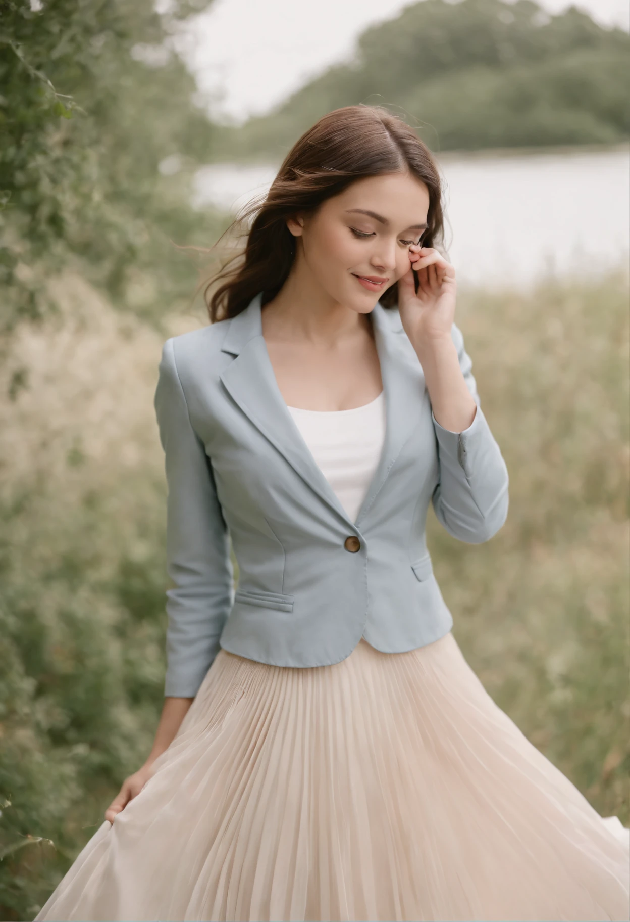 very (flirty:1,8) smiling good woman wearing short blazer and very very detailed (long (fully pleated) full circle skirt) and (simple) low heeled office shoes, very very intricate hyper-detailed symmetric (attractive graceful young feminine face) with (sad, tired eyes and a shy smile), large breasts, full of empathy and compassion and love, (pronounced (feminine) features), (highly detailed ultra accurate realistic) hands and fingers, (windy conditions and wind blowing), epic composition, highly detailed attributes, highly detailed atmosphere, (35mm f1.4 Kodak portra 400 photograph), extremely high quality RAW photograph,