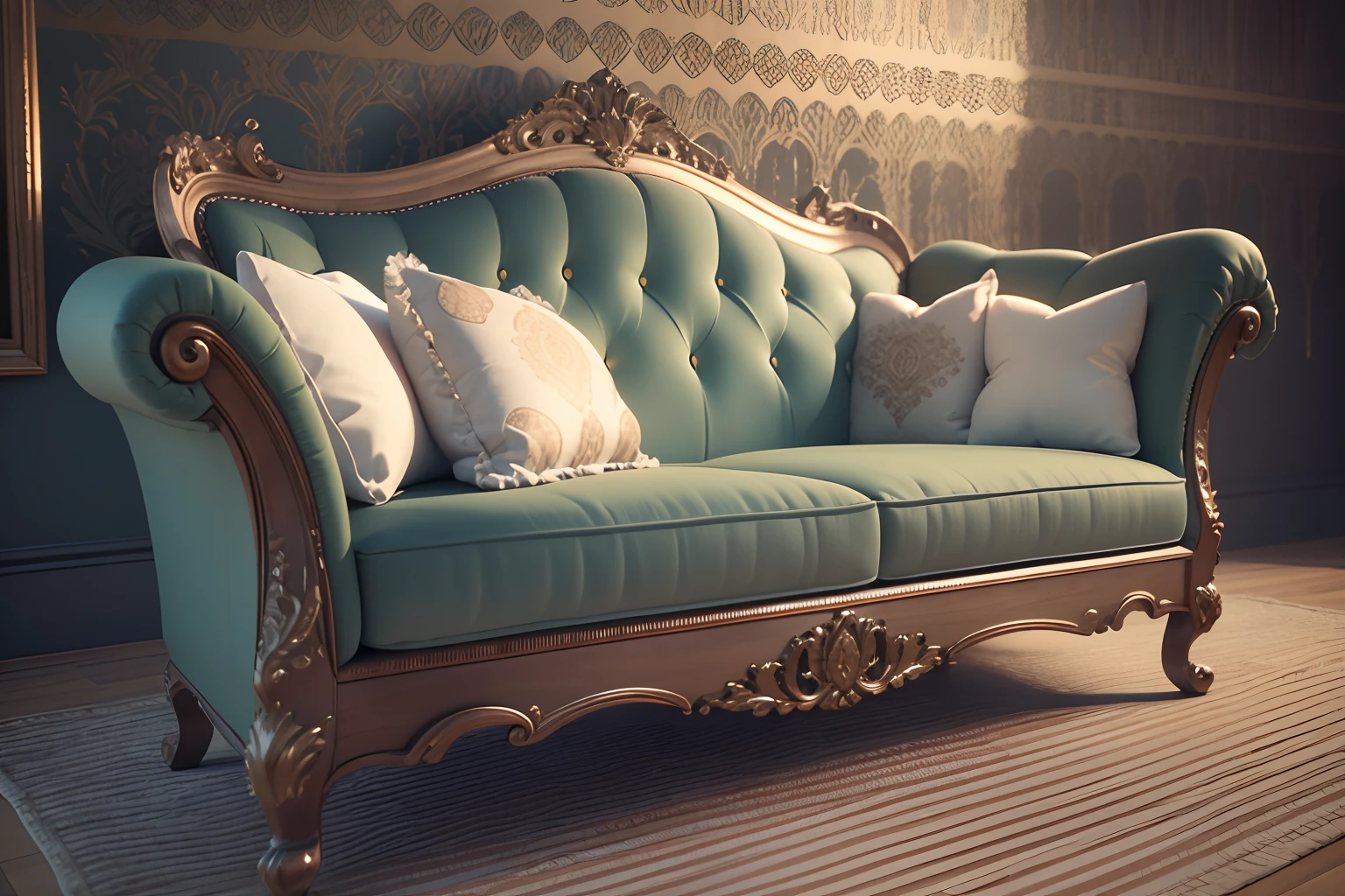 (Best quality,3D rendering of:1.2),(Realistic:1.37) Side view European sofa,Virtual Engine,Subtle shadows,textured fabrics,Rich wood details,Sophisticated design,Gorgeous classic pattern,Ornate carving, ImpeccableCraftsmanship,Highly detailed,Realistic textures,Dynamic perspective,depth and dimensionality,gentle ambient lighting,Medium exposure,neutral color palette,Warm gold,Bright fabric colors,spacious space,Expensive appearance,exquisite attention to detail