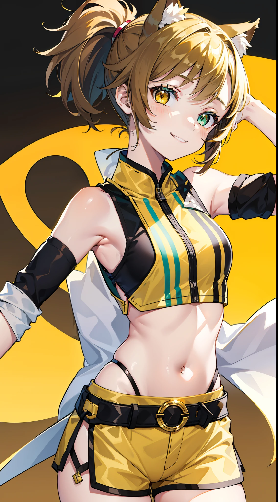 young girl, short brown hair, high ponytail, Heterochromia, green and yellow eyes, Smile, cat ears, Yellow tight sleeveless uniform, tight shorts, diadem, Gold Elements, She-ra, Masterpiece, hiquality, 4k, HD, Good detail