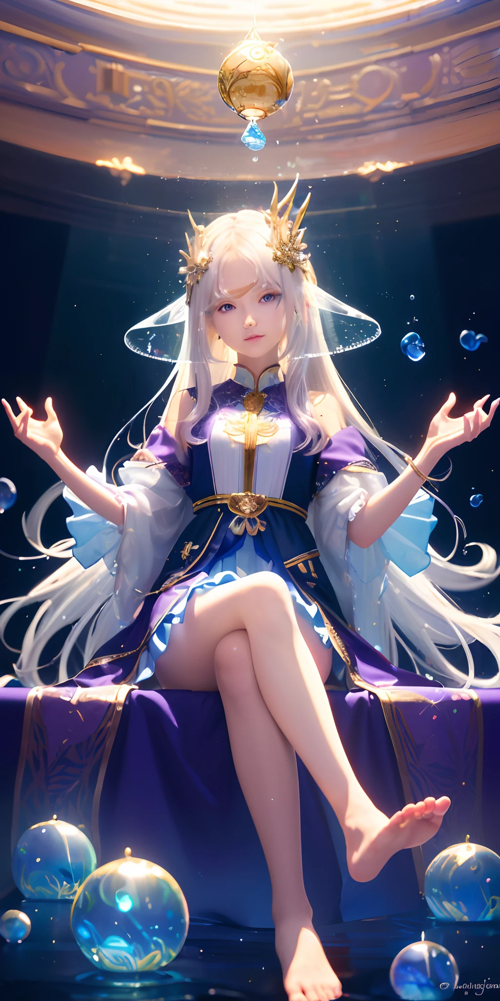 [(Transparent background:1.5)::5],(((Masterpiece))),(((Best quality))),(((Extremely detailed))),illustration, 1girll,Solo,mysterious,vivd colour,Shiny, Underwater transparent sealed hemispherical glass dome, (White hair),(Purple eyes), full bodyesbian,Barefoot,Long hair is calm and natural, Koi,Underwater, Dome,Close up,Dynamic actions,Lens perspective,(((Box composition))),sitting cross-legged，Leaning against the bookshelf, voluminetric lighting, multi colored eyes, Detailed eyes, ultra - detailed,Light smile, Highly detailed, Beautiful, small detailed, Ultra detailed, Best quality, Intricate, 4K, 8K, trending on artstationh, Good anatomy, Beautiful lighting, Award-winning,