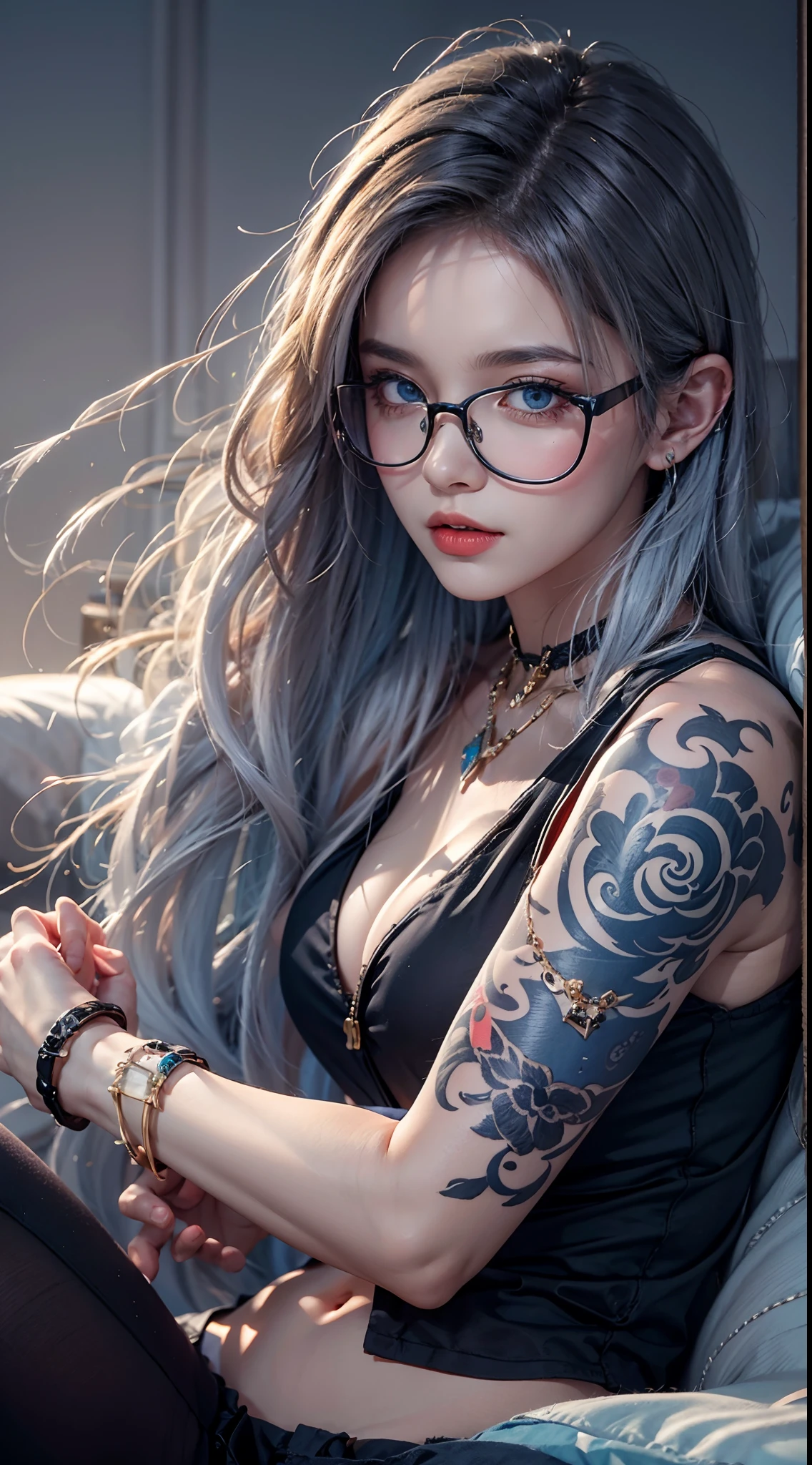 photorealistic, masterpiece, photorealistic, high resolution, soft light, hips up, blue eyes, long hair, jewelry, tattoo, black suit, glasses, cool style