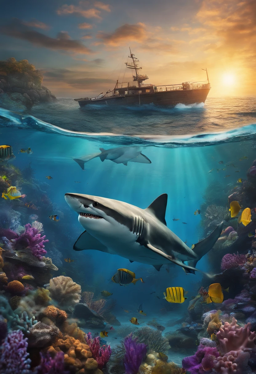 shark, Holding, fin, Flush out of the water, the reef, The shipwreck is colorful, drawing
--AR 16:9 --Up beta --s 750