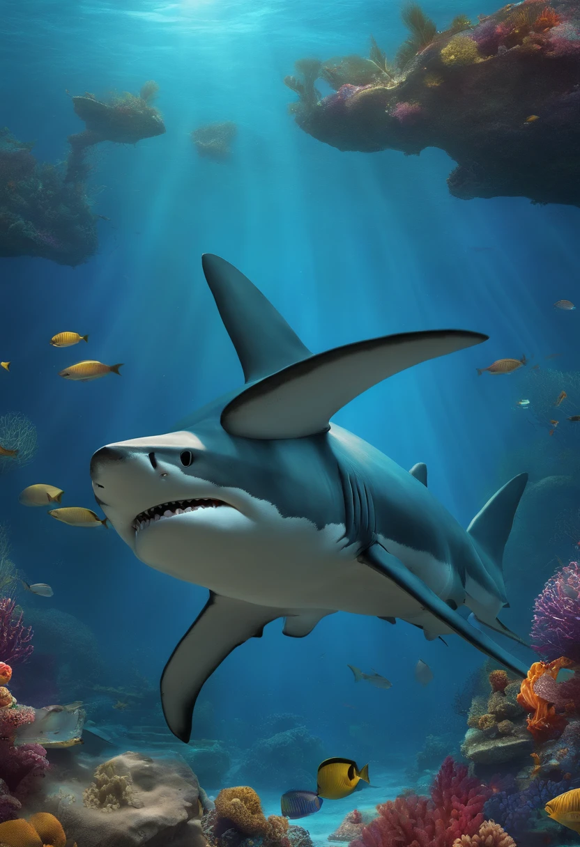 shark, Holding, fin, Flush out of the water, the reef, The shipwreck is colorful, drawing
--AR 16:9 --Up beta --s 750