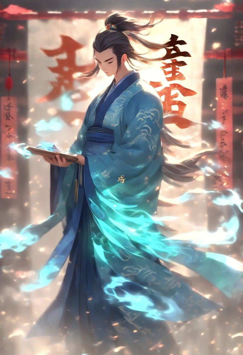 1boys,(((Solo))),(full bodyesbian:1.5),Young scholars of ancient China,(Hold the transparent illuminated scroll:1.5),(Transparent glowing kanji hovering in midair:2),(Transparent kanji background:1.5),Vertical text,glittery,Scholar in blue robes,Long flowing hair flutters in the wind,16k, hyper HD, high resolution, Very detailed, Best image quality,dynamicposes,(20 columns of Chinese characters:1.6),arranged in an orderly fashion