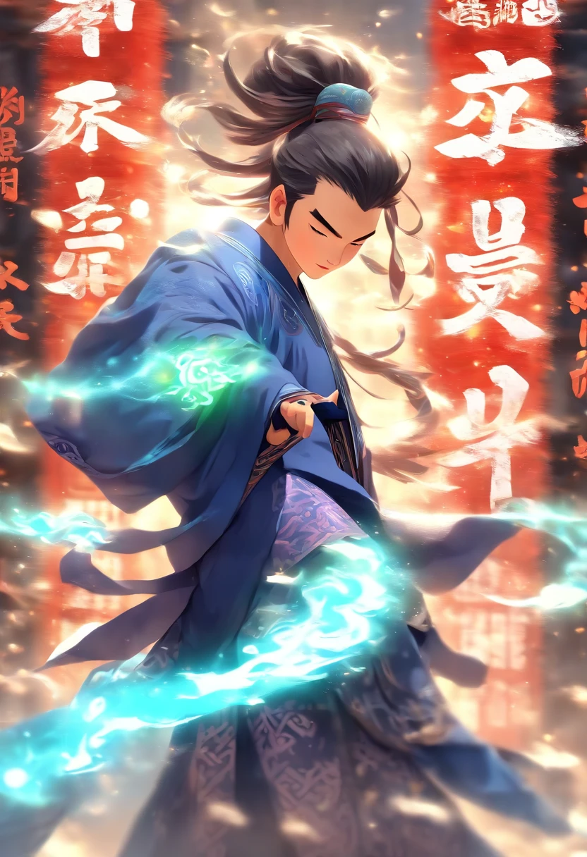 1boys,(((Solo))),(full bodyesbian:1.5),Young scholars of ancient China,(Hold the transparent illuminated scroll:1.5),(Transparent glowing kanji hovering in midair:2),(Transparent kanji background:1.5),Vertical text,glittery,Scholar in blue robes,Long flowing hair flutters in the wind,16k, hyper HD, high resolution, Very detailed, Best image quality,dynamicposes,(20 columns of Chinese characters:1.6),arranged in an orderly fashion