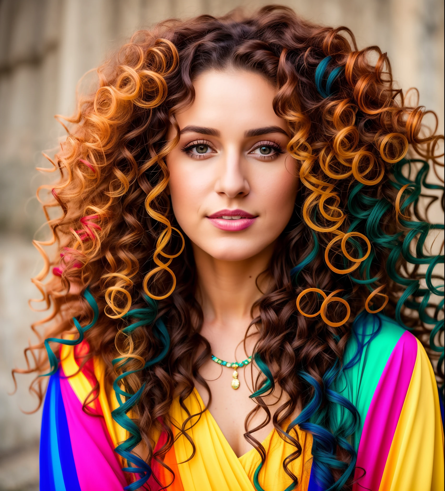 a close up of a woman with long curly hair and a colorful dress, promo image, pretty face!!, photoshoot, peredvishniki, stunningly beautiful, by Max Dauthendey, actress, with long curly hair, promo still, gorgeous beautiful, pr shoot, promotional picture, leaked image, cover shot, long curly hair intricate, official