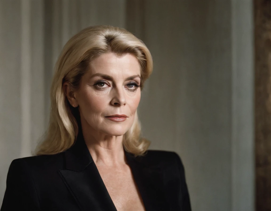 soft light by the face, art by Helmut Newton, contrasted black and white photography, 50 years catherine deneuve wearing a amazing chic yves saint-laurent black satin suit, 1922, natural lighting, German realism, Slightly blurred photography, natural lighting, shadow, shot with Rolleiflex 6x6 with 80mm lens at f1. 8, ISO25, 1/ 125sec --ar 4:7