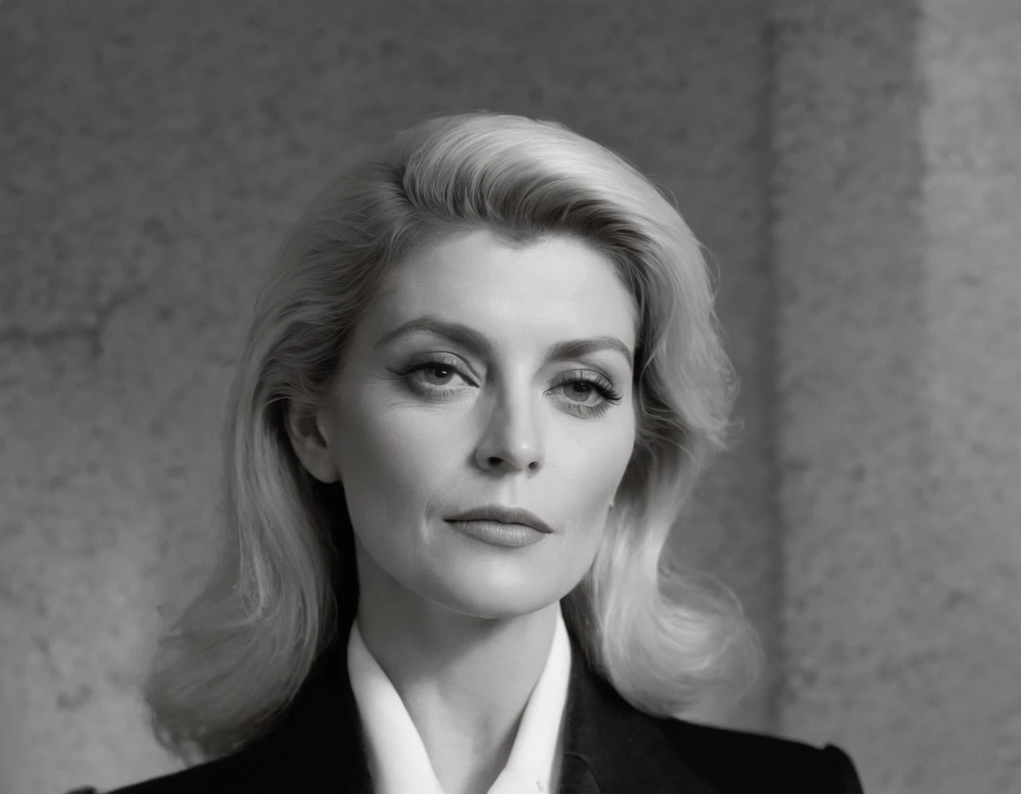 soft light by the face, art by Helmut Newton, contrasted black and white photography, 50 years catherine deneuve wearing a amazing chic yves saint-laurent black satin suit, 1922, natural lighting, German realism, Slightly blurred photography, natural lighting, shadow, shot with Rolleiflex 6x6 with 80mm lens at f1. 8, ISO25, 1/ 125sec --ar 4:7