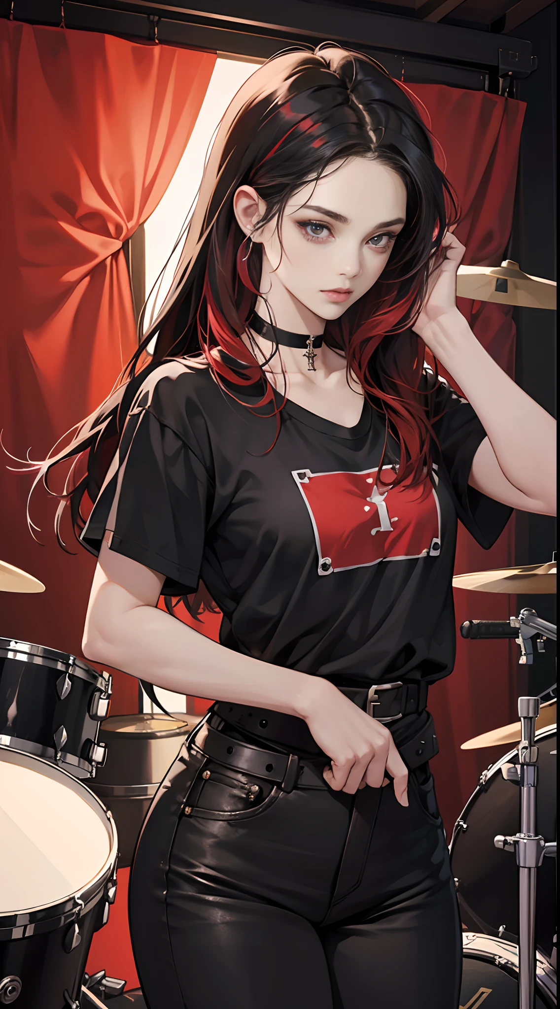 (Best Quality,4K,High resolution),18-year-old woman,drums,drummer,Drum Girls,Black hair with red streaks,Long hair,Straight hair,Cool Woman,Sharp eyes,Cold eyes,beautifully drawn,Realistic depiction,delicate illustration,Music Studio Background,Gothic atmosphere,Visual kei,Oversized Rock T-Shirt,Loose Fit,Red choker,Tight pants,Leather,cross belt