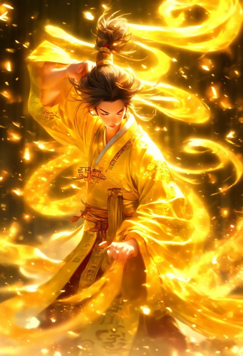 1boys,Solo,（full body：1.5），Young scholars of ancient China，Holding a golden brush，Writing is in full swing，(Transparent glowing golden Chinese characters hovered in midair:2)，Vertical text，glittery，Scholar in blue robes，Long flowing hair flutters in the wind，16k, hyper HD, high resolution, Very detailed, Best image quality,dynamicposes，(20 columns of Chinese characters:1.6)，arranged in an orderly fashion