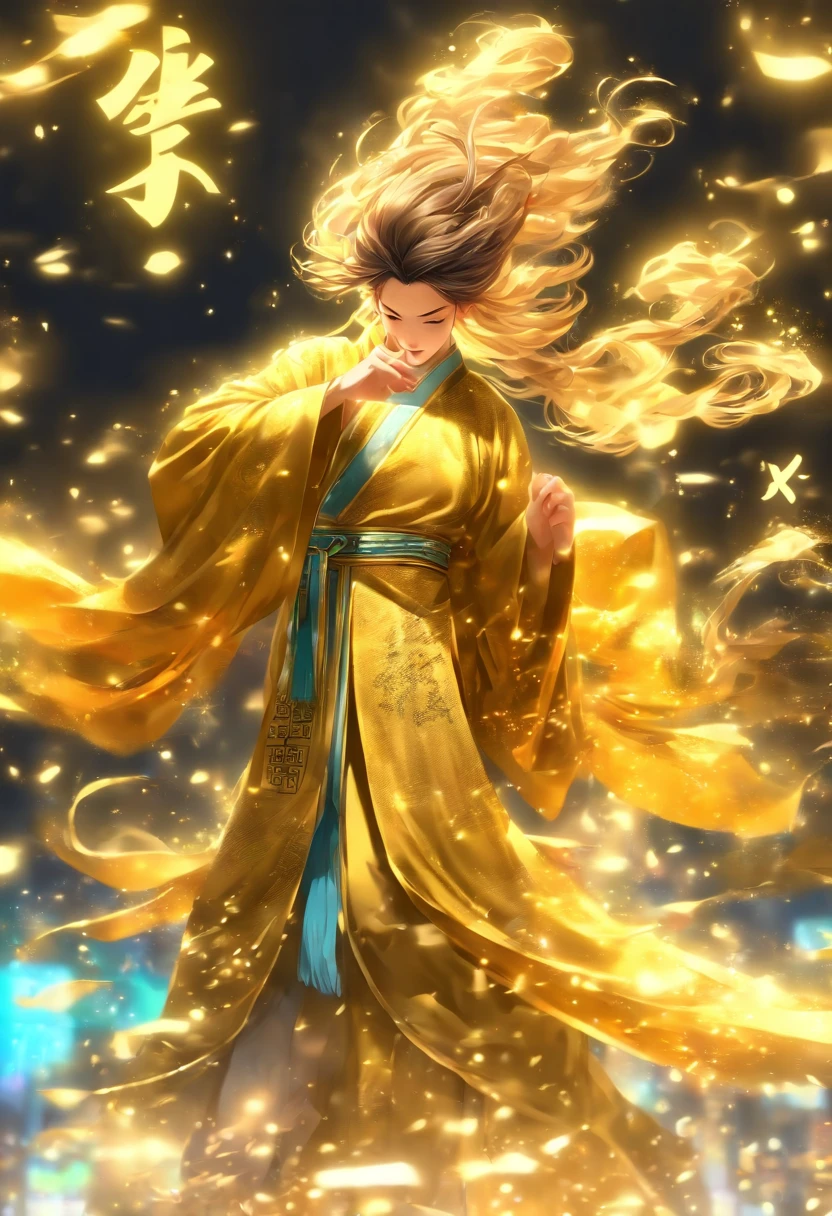 1boys,Solo,(full body:1.5),Young scholars of ancient China,Holding a golden brush,Writing is in full swing,(Transparent glowing golden Chinese characters hovered in midair:2),Vertical text,glittery,Scholar in blue robes,Long flowing hair flutters in the wind,16k, hyper HD, high resolution, Very detailed, Best image quality,dynamicposes,(20 columns of Chinese characters:1.6),arranged in an orderly fashion