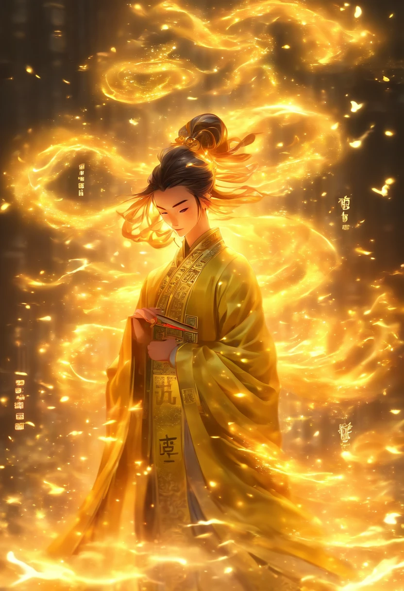 1boys,Solo,（full body：1.5），Young scholars of ancient China，Holding a golden brush，Writing is in full swing，(Transparent glowing golden Chinese characters hovered in midair:2)，Vertical text，glittery，Scholar in blue robes，Long flowing hair flutters in the wind，16k, hyper HD, high resolution, Very detailed, Best image quality,dynamicposes，(20 columns of Chinese characters:1.6)，arranged in an orderly fashion