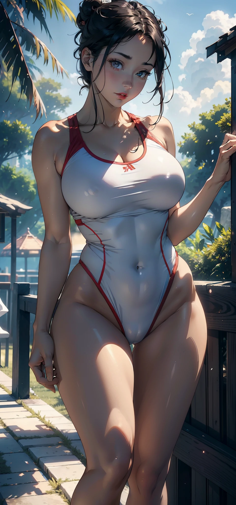 1female,35yo,plumw,extremely large bosom,Big breasts Thin waist,Long legs, 独奏,(Background with:,tropical,Deep in the forest,Athletics field,),legs are open,Bare genitalia,Bare , She has short black hair,standing on your feet,seen from the front, single hair bun, mostly cloudy sky,(((tmasterpiece),(Very detailed CG unity 8K wallpaper),best qualtiy,cinmatic lighting,detailed back ground,beatiful detailed eyes,Bright pupils,Black eyes,Snow-whiteskin,Redlip(Very fine and beautiful),(Beautiful and detailed eye description),ultra - detailed,tmasterpiece,))facing at camera,A high resolution,ultra - detailed),revealing breasts,Bare genitalia, Bulge,legs are open,Raised sexy,Camel toes,Flushed complexion,Desire for dissatisfaction,frontage,athlete,Track and field suits,athletic sneakers,Spidey