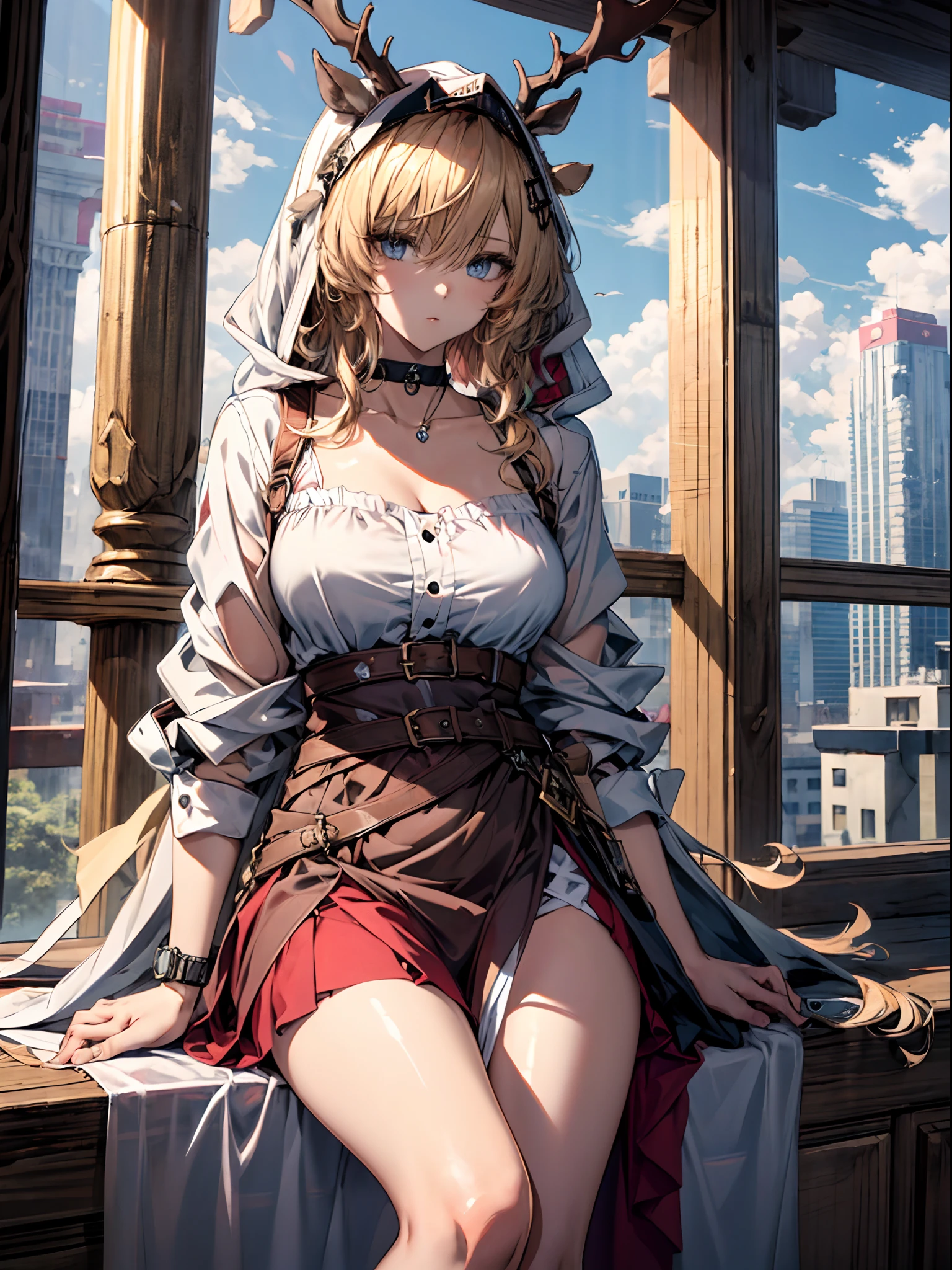 (((Masterpiece))),(incredibly_absurderes),(Best quality),(A high resolution),(Highly detailed),((CG unity 8k wallpaper)),Best quality at best,tmasterpiece,1girll,blond hairbl,messy hair,curly_Hair,The shirt,a skirt,kawai,JK,Red_bow,Wrist watch,choker necklace,view over city,Original photo of 8K,超高分辨率,highest details,复杂,8K,hdr,