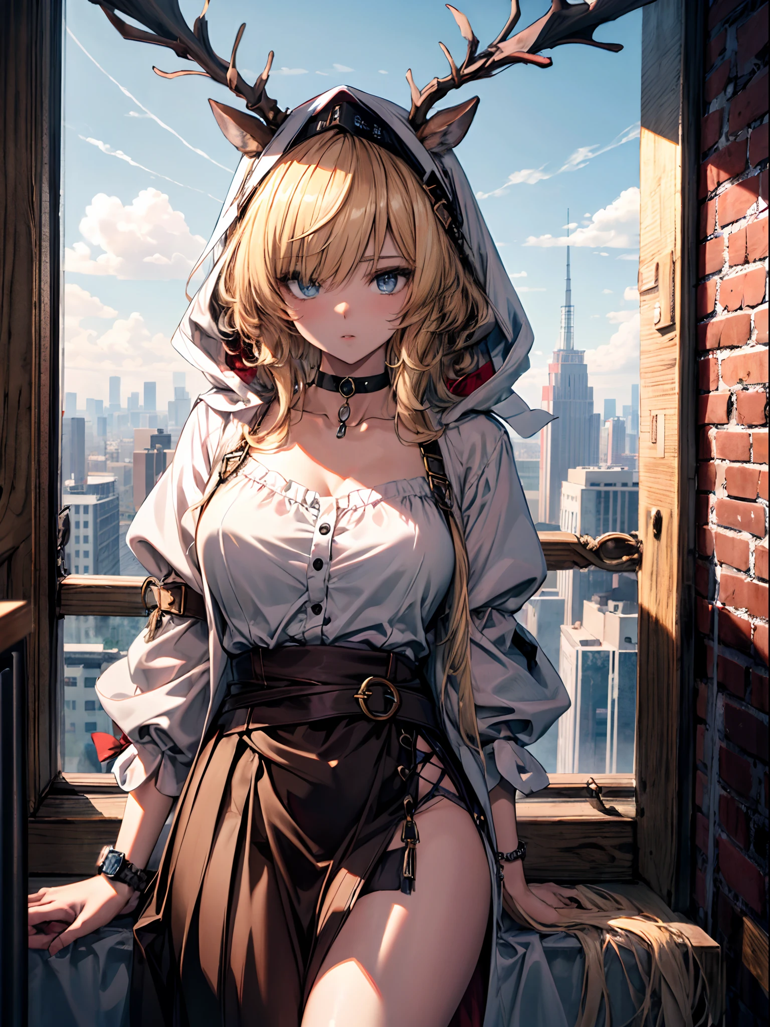 (((Masterpiece))),(incredibly_absurderes),(Best quality),(A high resolution),(Highly detailed),((CG unity 8k wallpaper))，Best quality at best，tmasterpiece，1girll，blond hairbl，messy  hair，curly_Hair，The shirt，a skirt，kawai，JK，Red_bow，Wrist watch，choker necklace，view over city，Original photo of 8K，超高分辨率，highest details，复杂，8K，hdr，