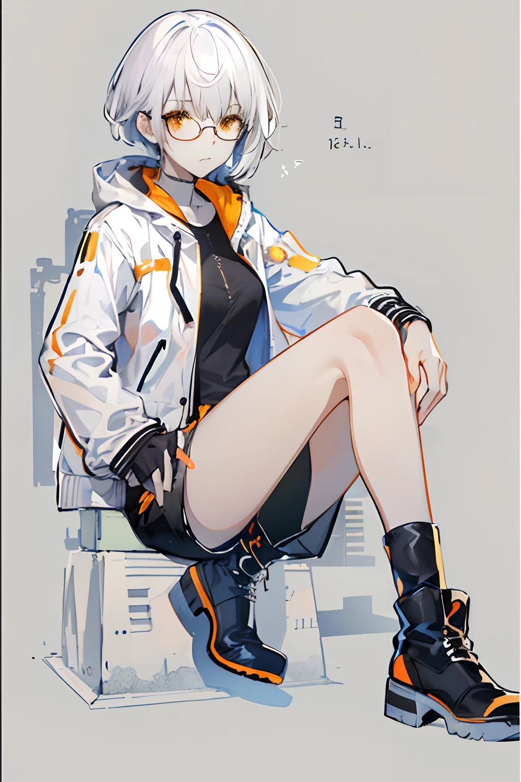 Colored base sketch, unique short white hair, orange eyes, shiny boots, ((plain design)), ((high rsolution)), ((sitting)), ((perfect anatomy)), short black boots, white jacket, grey top, , black shorts ((simple)), ((1girl, solo, perfect anatomy)) , dynamic pose, glasses, looking up at viewer, somewhat side view, ((perfect))