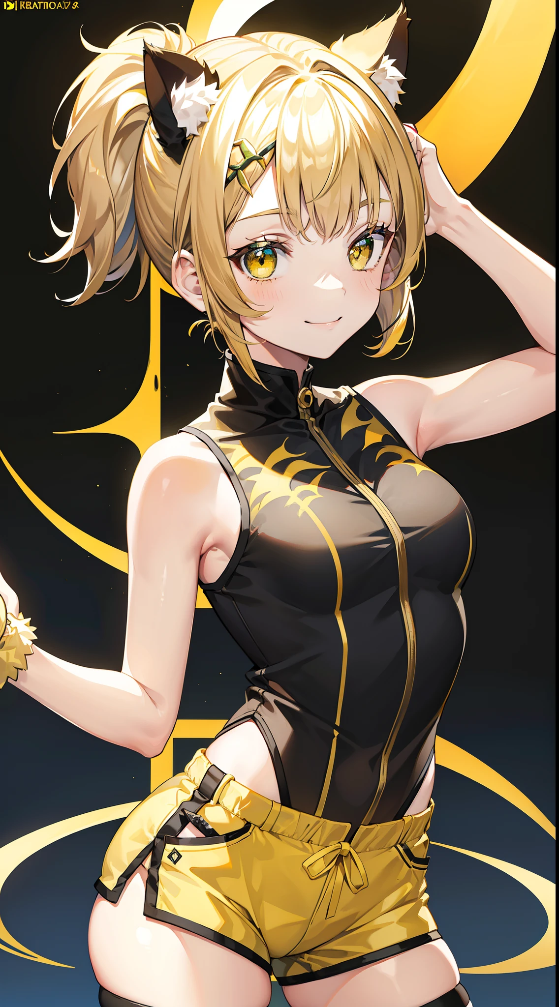 young girl, short brown hair, high ponytail, Heterochromia, green and yellow eyes, Smile, cat ears, Yellow tight sleeveless uniform, tight shorts, diadem, Gold Elements, She-ra, Masterpiece, hiquality, 4k, HD, Good detail