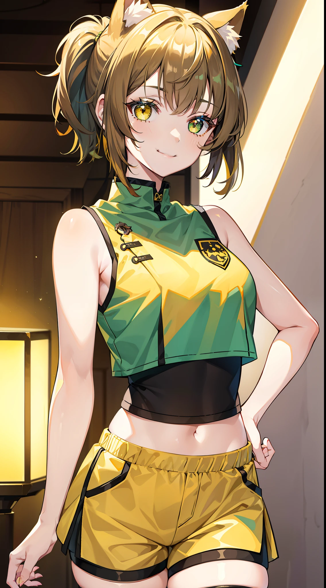 young girl, short brown hair, high ponytail, Heterochromia, green and yellow eyes, Smile, cat ears, Yellow tight sleeveless uniform, tight shorts, diadem, Gold Elements, She-ra, Masterpiece, hiquality, 4k, HD, Good detail