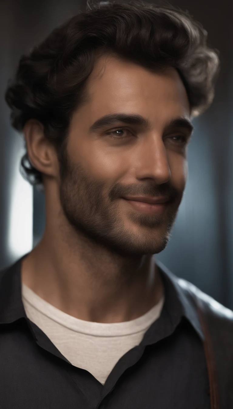 Photograph of the face of a smiling man, porte un chemisier noir, very heavy bust, cheveux courts, Watch-camera, eyes symmetrical, Fotorrealista, Filmmaker, Route tracking, specular lighting, Volumetric light for the face, Path traced by the hair, Ombres visibles, complexe, elaborate, hyper realistic