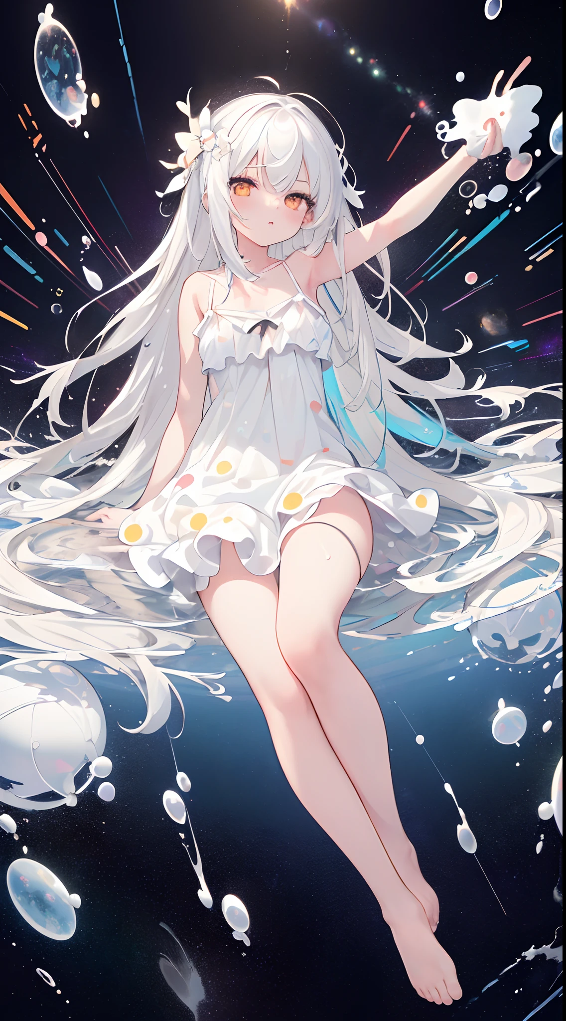 (masterpiece, best quality:1.2), (ultra detailed),(illustration), wallpaper, original,
1girl, messy white hair, spaghetti strap, white dress, bare legs, bare feet, bare arms, space, Earth background, near-earth orbit, full body,
,(surrounded by colorful splashes and dot),colorful bubble,(shining)