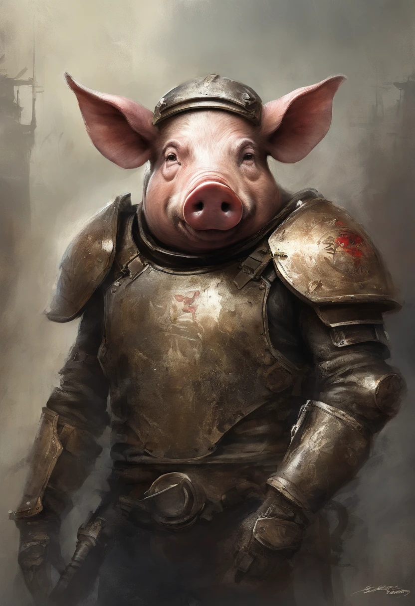 top-quality, Dramatic Lighting, menacing pose, fierce look, epic atmosphere, (((Helmet in the shape of a pig's head))), (((Full body shot))),pig made of metal, cyborgs, Cyberpunk style, Clockwork, ((Intricate details)), nffsw, ((Intricate details, hyperdetails)), incandescent lamps, cinematic shot, Vignette, bokeh effect beckground, (Full body shot).