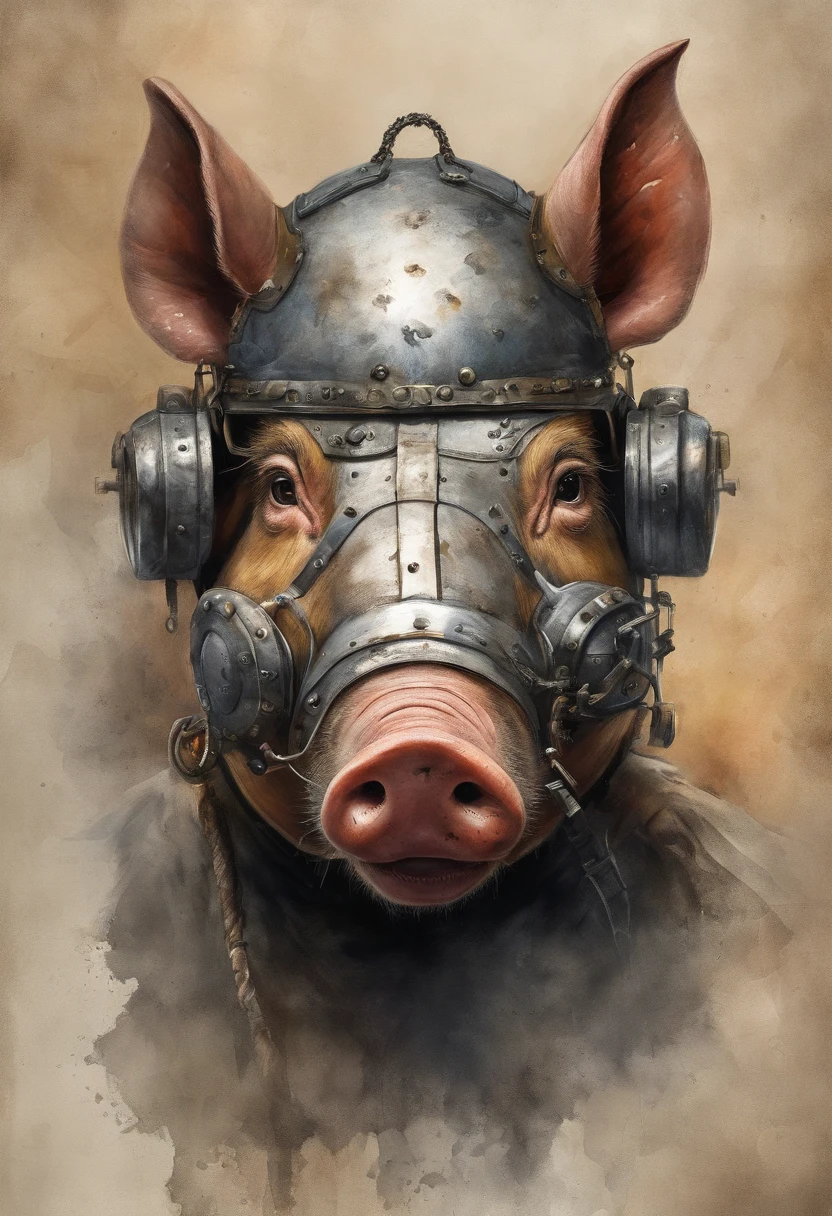top-quality, Dramatic Lighting, menacing pose, fierce look, epic atmosphere, (((Helmet in the shape of a pig's head))), (((Full body shot))),pig made of metal, cyborgs, Cyberpunk style, Clockwork, ((Intricate details)), nffsw, ((Intricate details, hyperdetails)), incandescent lamps, cinematic shot, Vignette, bokeh effect beckground, (Full body shot).