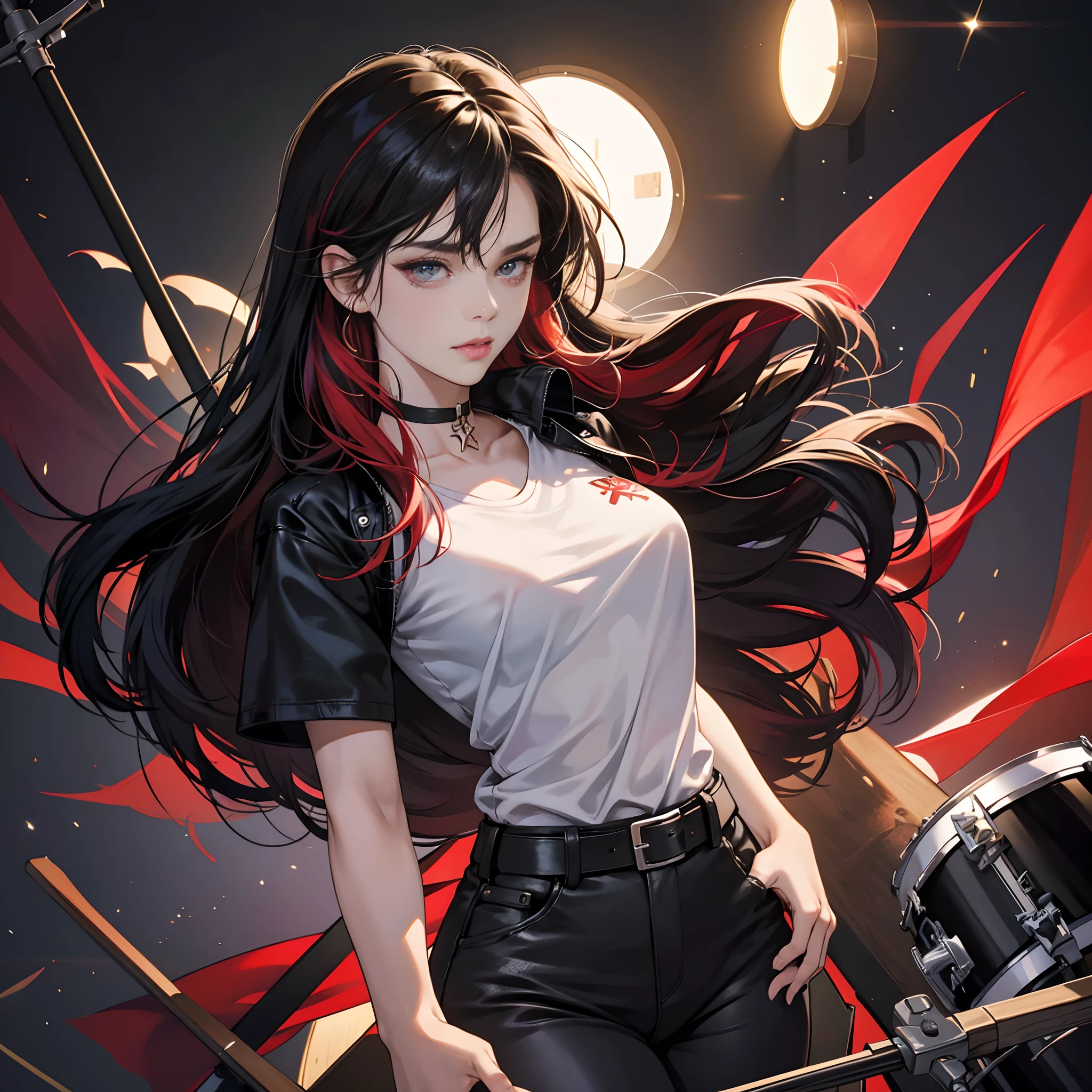 (Best Quality,4K,High resolution),18-year-old woman,drums,drummer,Drum Girls,Black hair with red streaks,Long hair,Straight hair,Cool Woman,Sharp eyes,Cold eyes，beautifully drawn,Realistic depiction,delicate illustration，Music Studio Background,Gothic atmosphere,Visual kei,Oversized Rock T-Shirt,Loose Fit,Red choker,Tight pants,Leather,cross belt